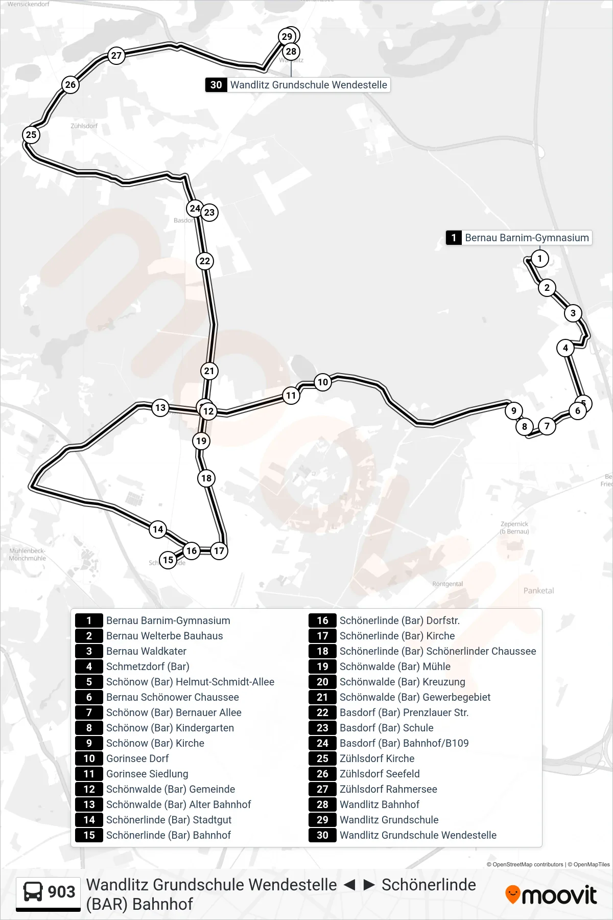Linie 903 (Bus) Richtung Wandlitz Grundschule Wendestelle: Route und Haltestellen auf der Karte