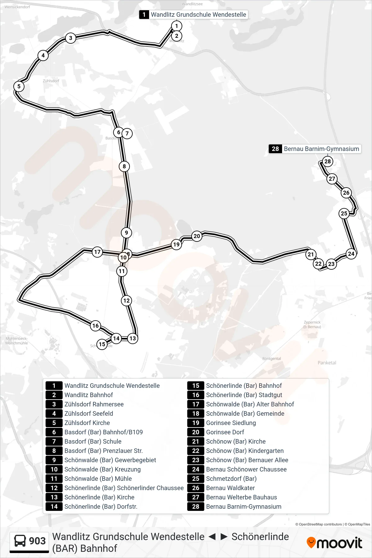 903 bus Line (Bernau Barnim-Gymnasium) route and stops on a map