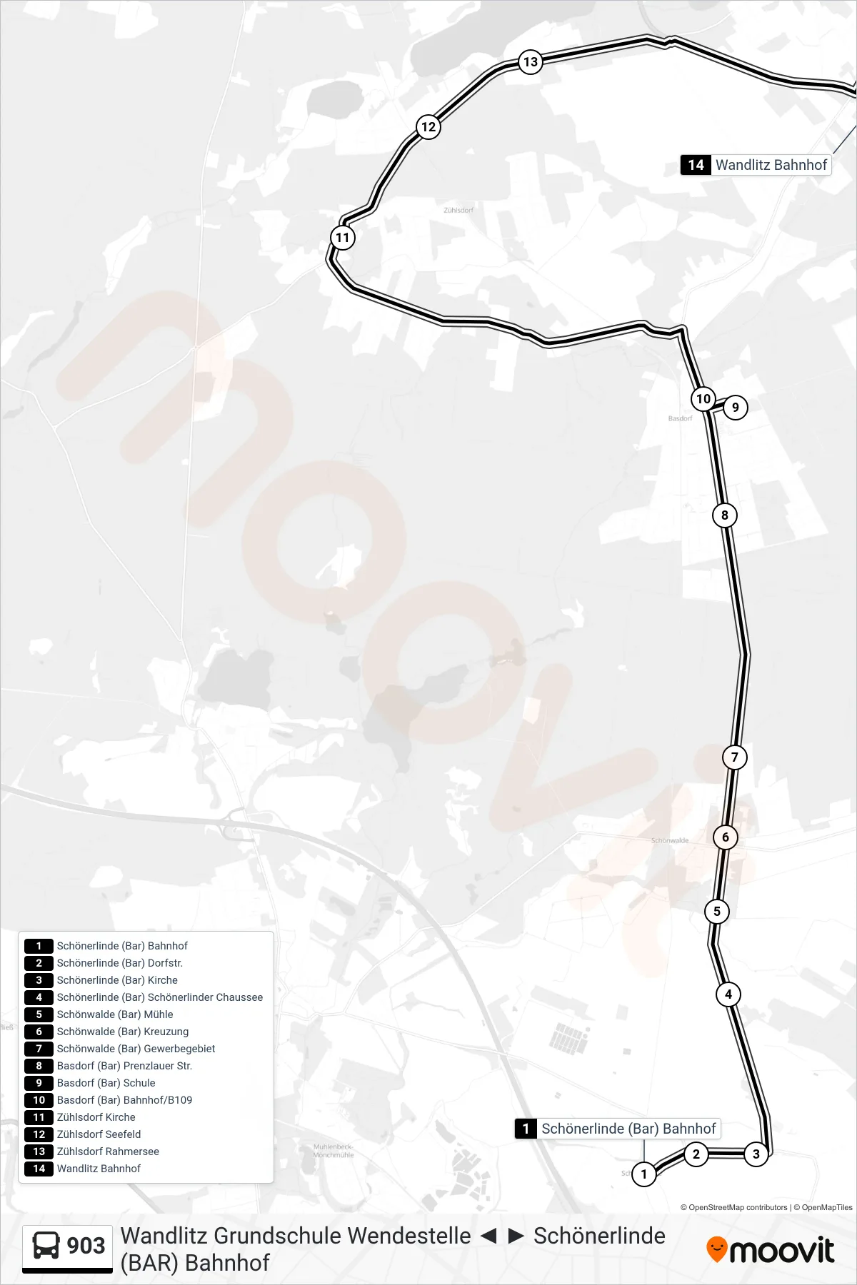 Linie 903 (Bus) Richtung Wandlitz Bahnhof: Route und Haltestellen auf der Karte