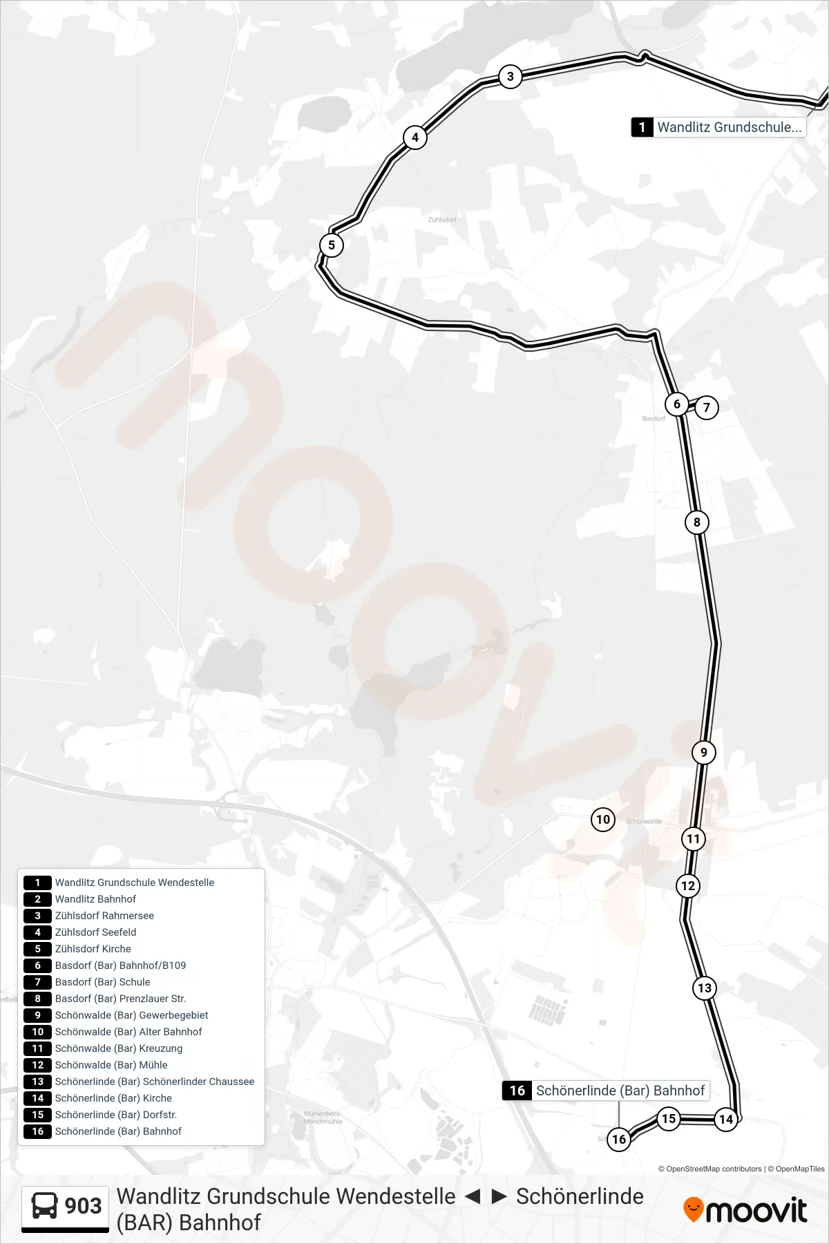 Linie 903 (Bus) Richtung Schönerlinde (Bar) Bahnhof: Route und Haltestellen auf der Karte