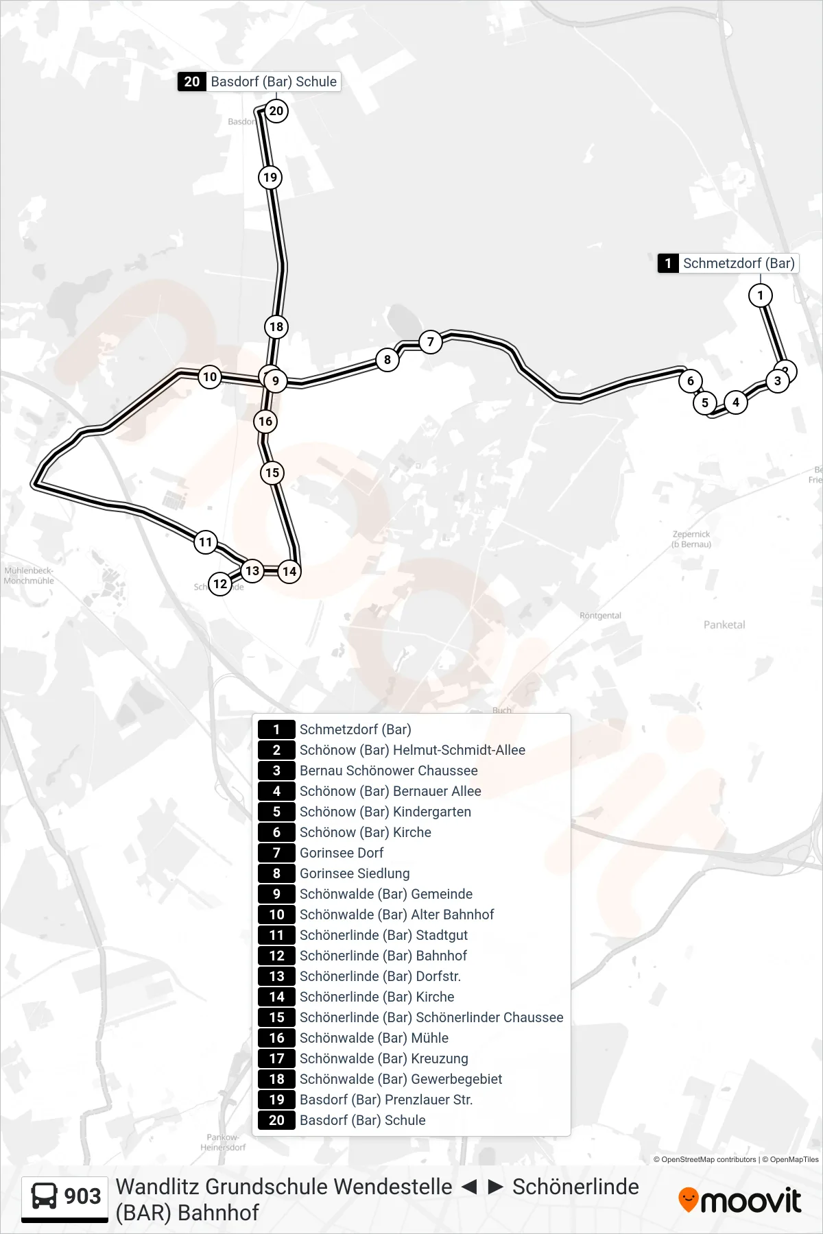 Linie 903 (Bus) Richtung Basdorf (Bar) Schule: Route und Haltestellen auf der Karte