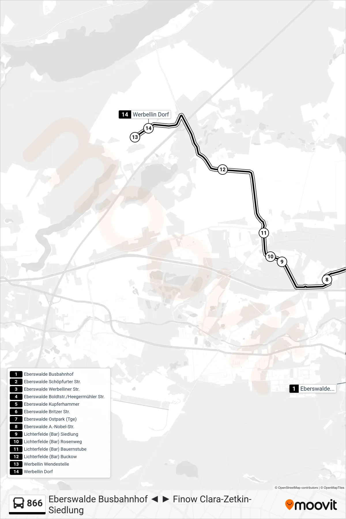 Linie 866 (Bus) Richtung Werbellin Dorf: Route und Haltestellen auf der Karte