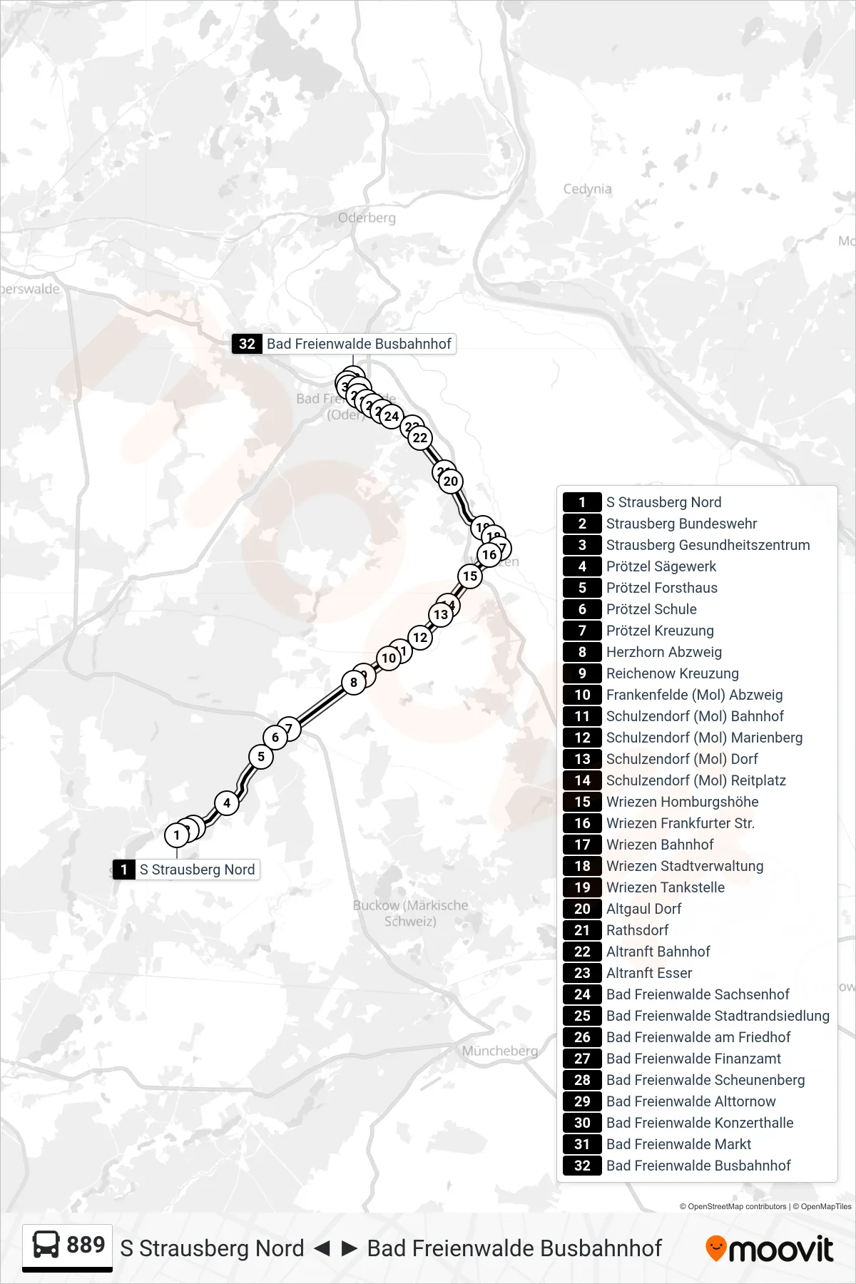 Linie 889 (Bus) Richtung Bad Freienwalde Busbahnhof: Route und Haltestellen auf der Karte