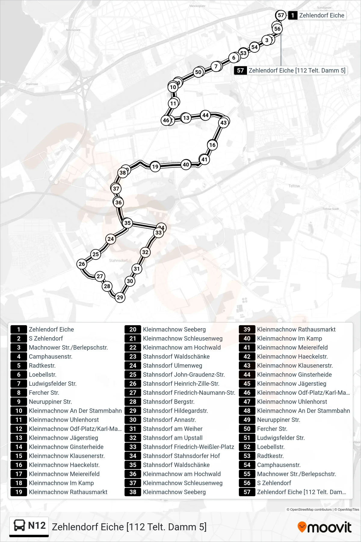 Linie N12 (Bus) Richtung Zehlendorf Eiche [112 Telt. Damm 5]: Route und Haltestellen auf der Karte