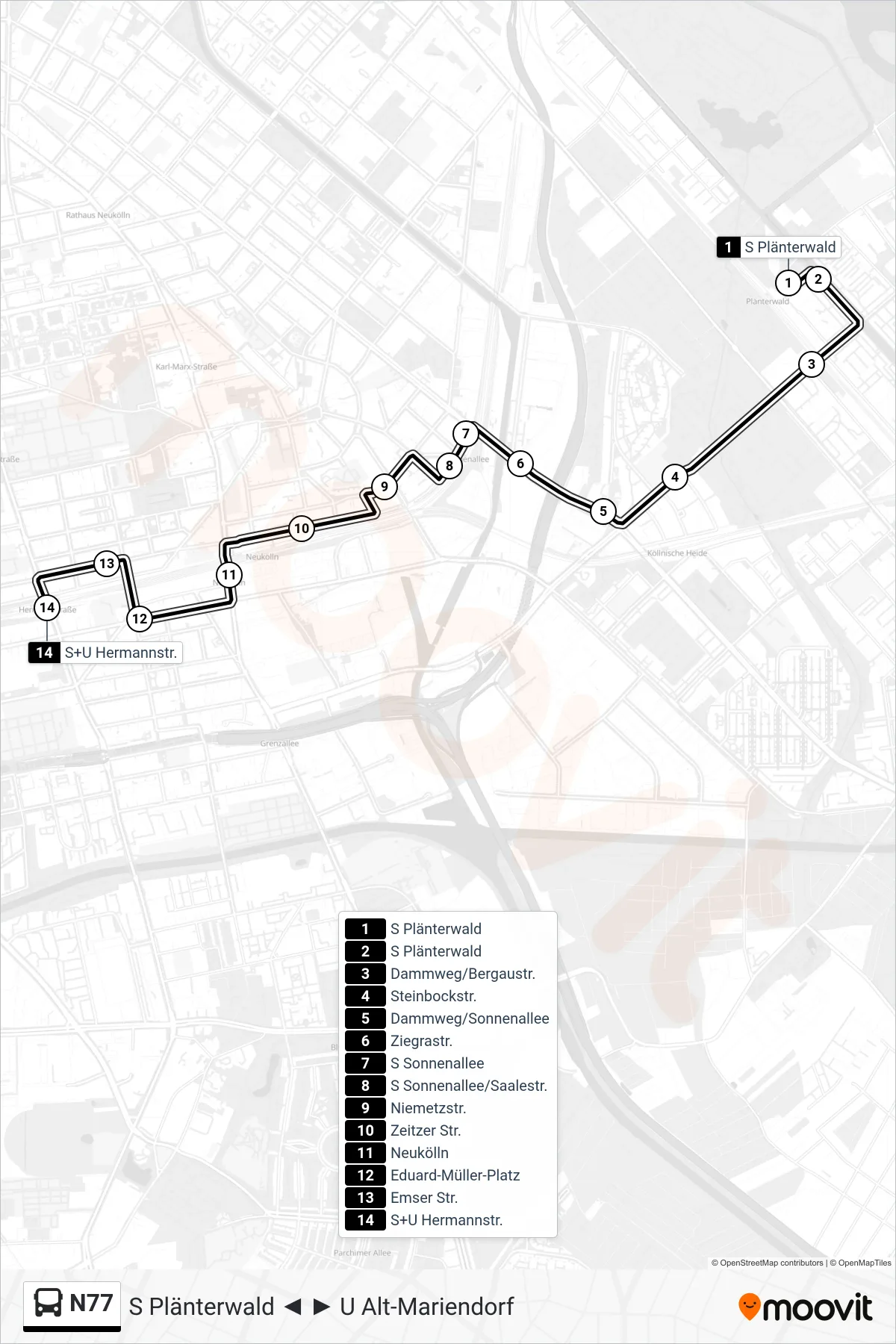 Linie N77 (Bus) Richtung S+U Hermannstr.: Route und Haltestellen auf der Karte
