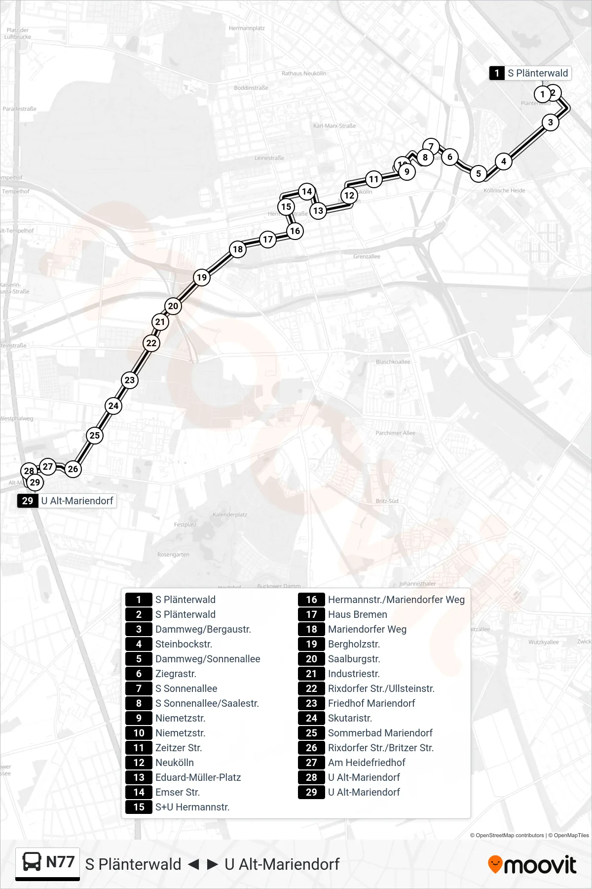 Linie N77 (Bus) Richtung U Alt-Mariendorf: Route und Haltestellen auf der Karte