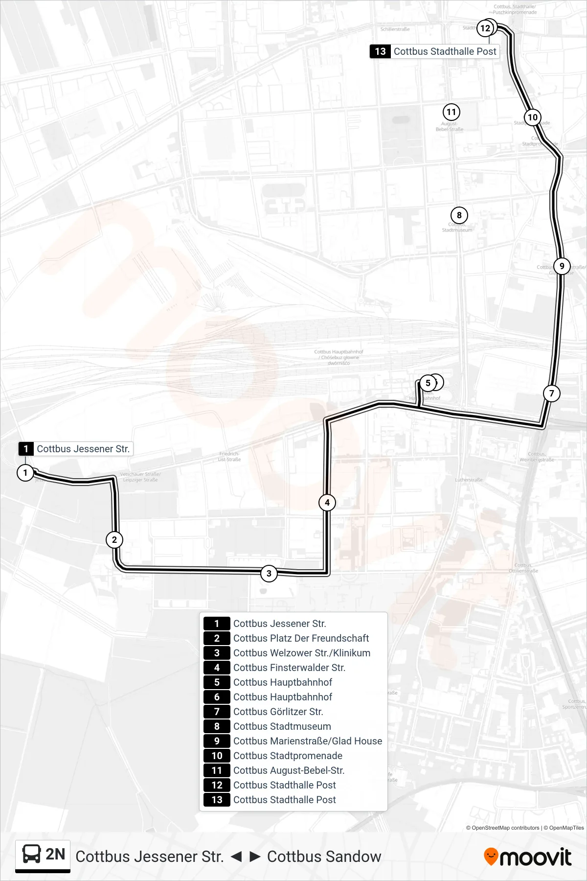 Linie 2N (Bus) Richtung Cottbus Stadthalle Post: Route und Haltestellen auf der Karte