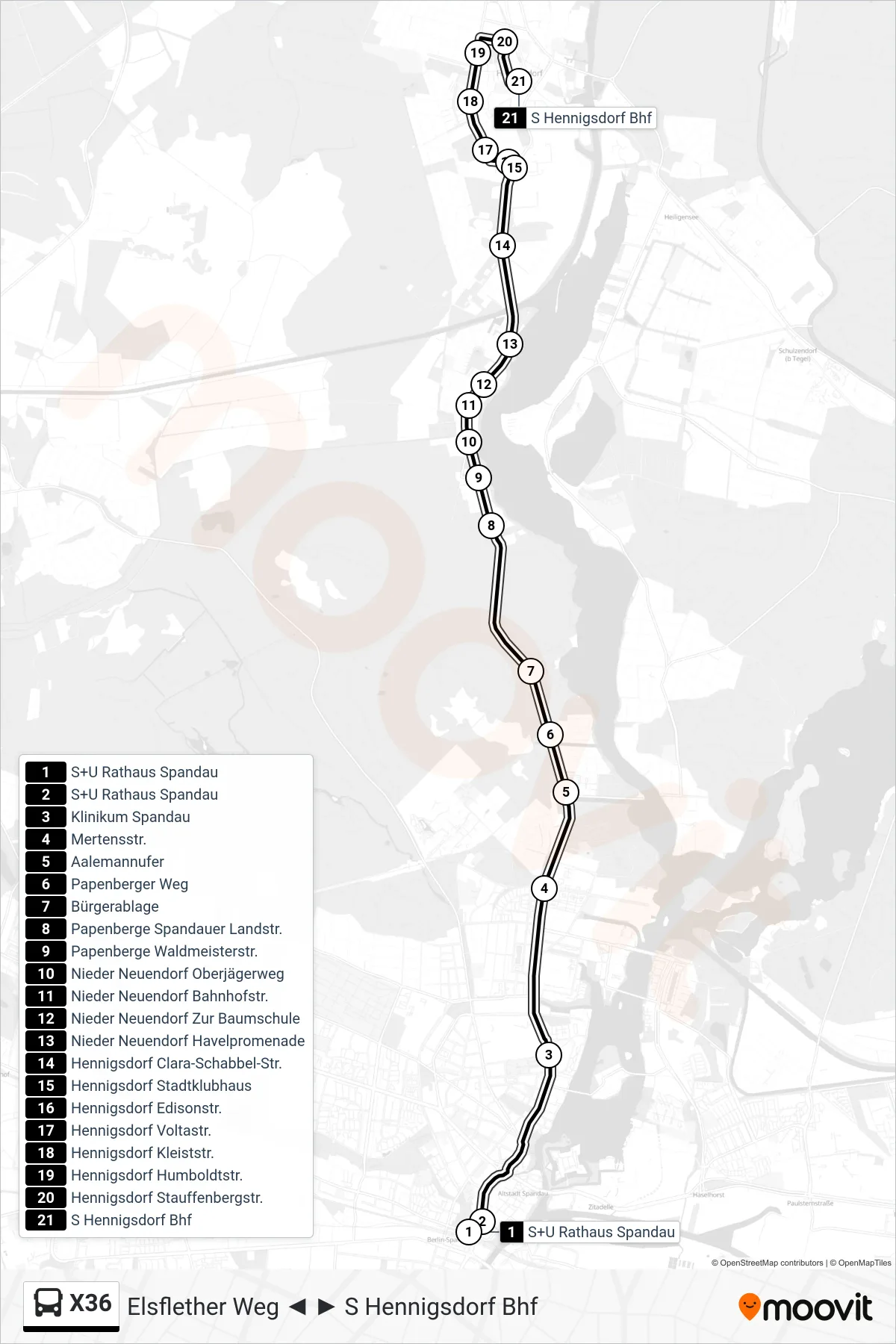 X36 bus Line (S Hennigsdorf Bhf) route and stops on a map