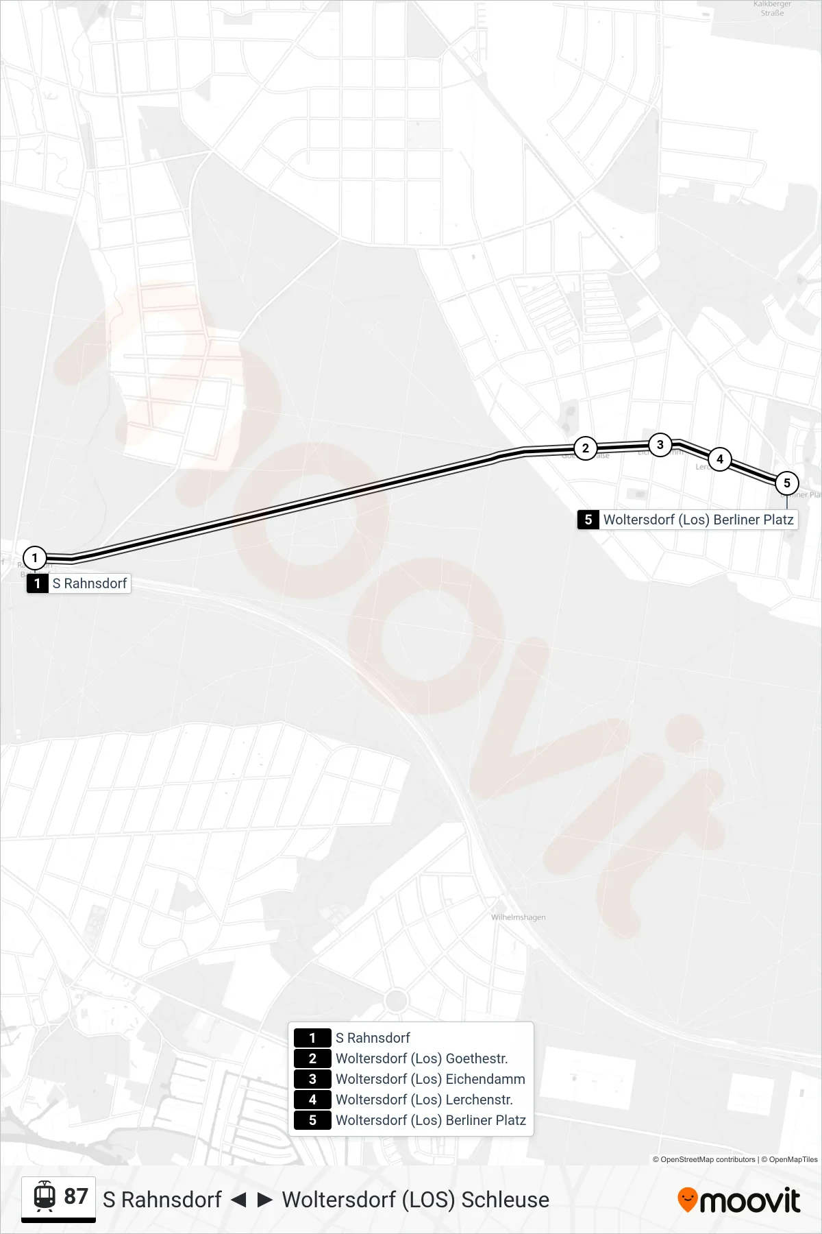 Linie 87 (Straßenbahn) Richtung Woltersdorf (Los) Berliner Platz: Route und Haltestellen auf der Karte