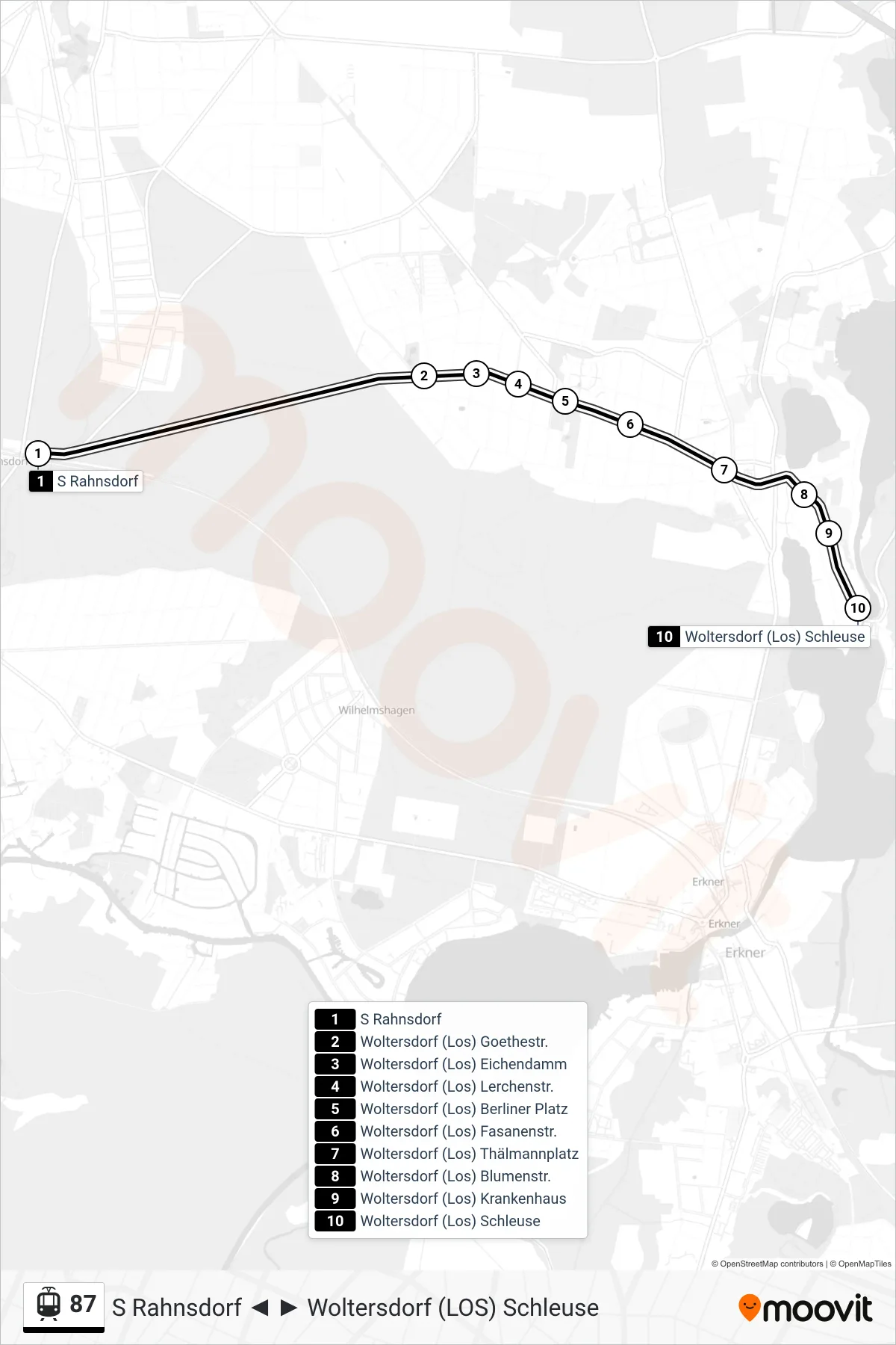 Linie 87 (Straßenbahn) Richtung Woltersdorf (Los) Schleuse: Route und Haltestellen auf der Karte