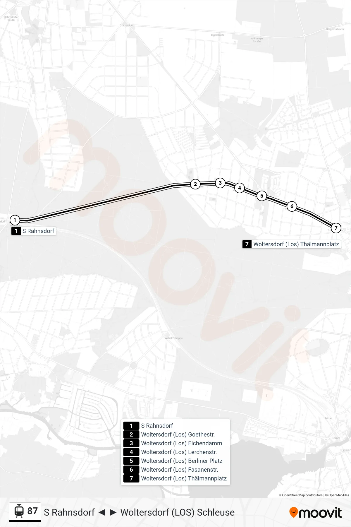 Linie 87 (Straßenbahn) Richtung Woltersdorf (Los) Thälmannplatz: Route und Haltestellen auf der Karte