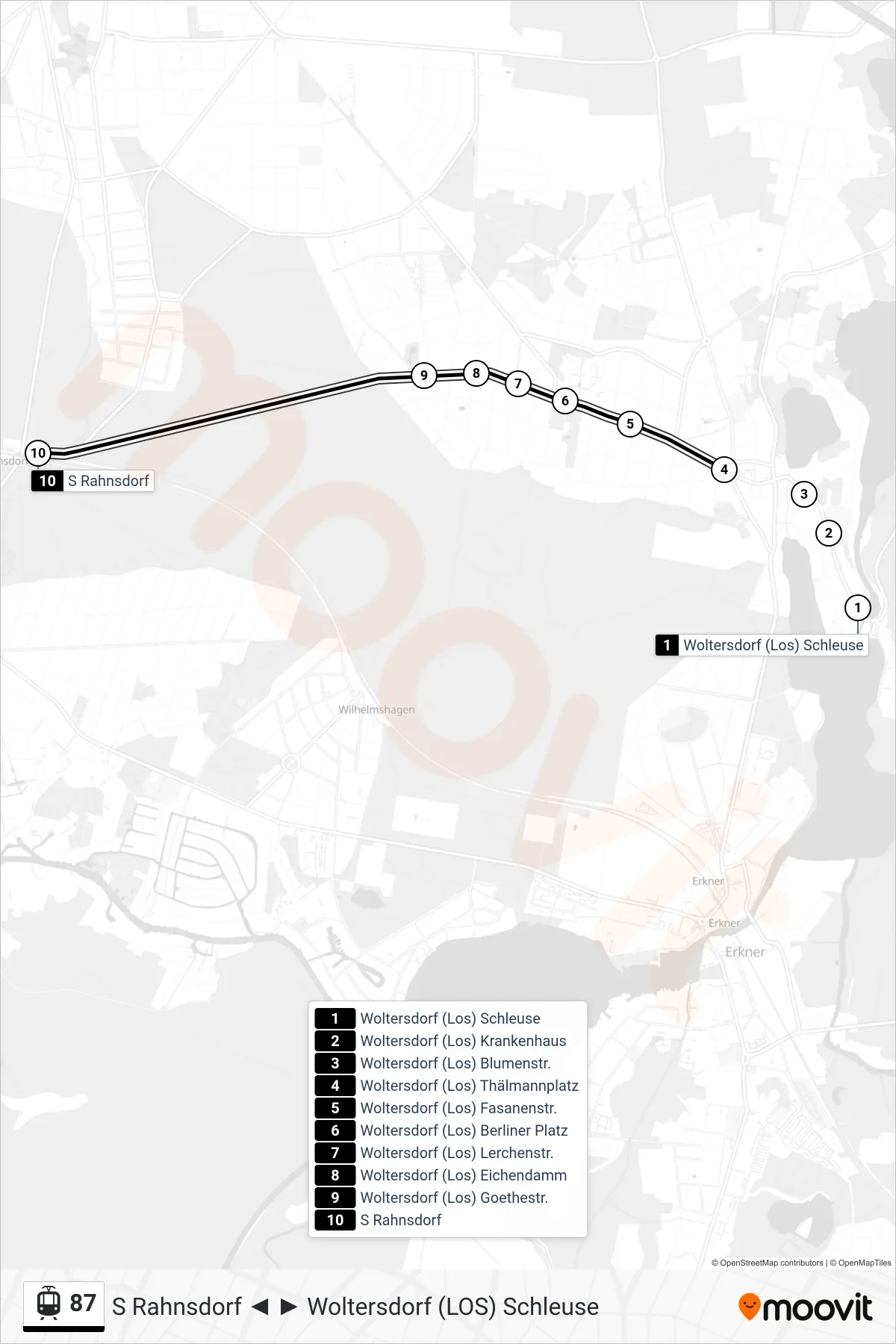 Linie 87 (Straßenbahn) Richtung S Rahnsdorf: Route und Haltestellen auf der Karte