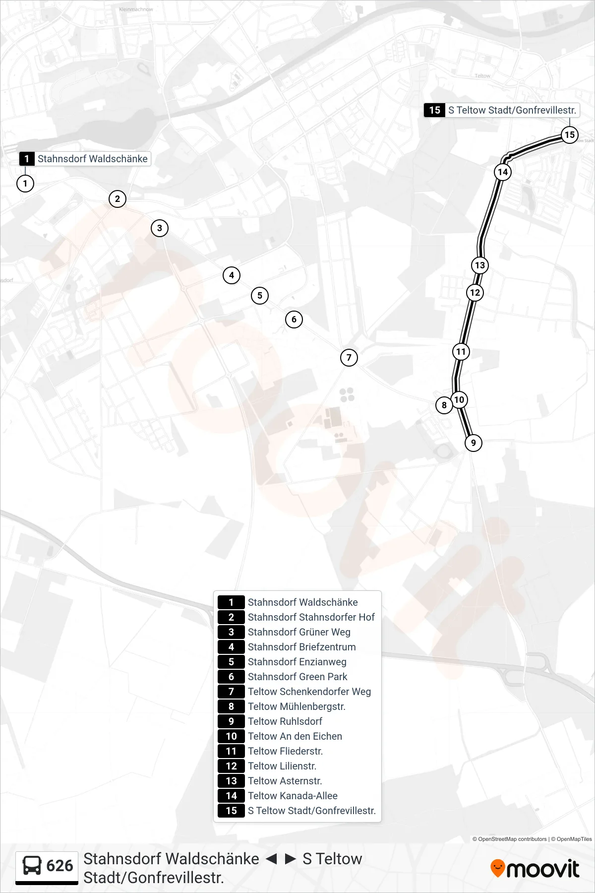 Linie 626 (Bus) Richtung S Teltow Stadt/Gonfrevillestr.: Route und Haltestellen auf der Karte