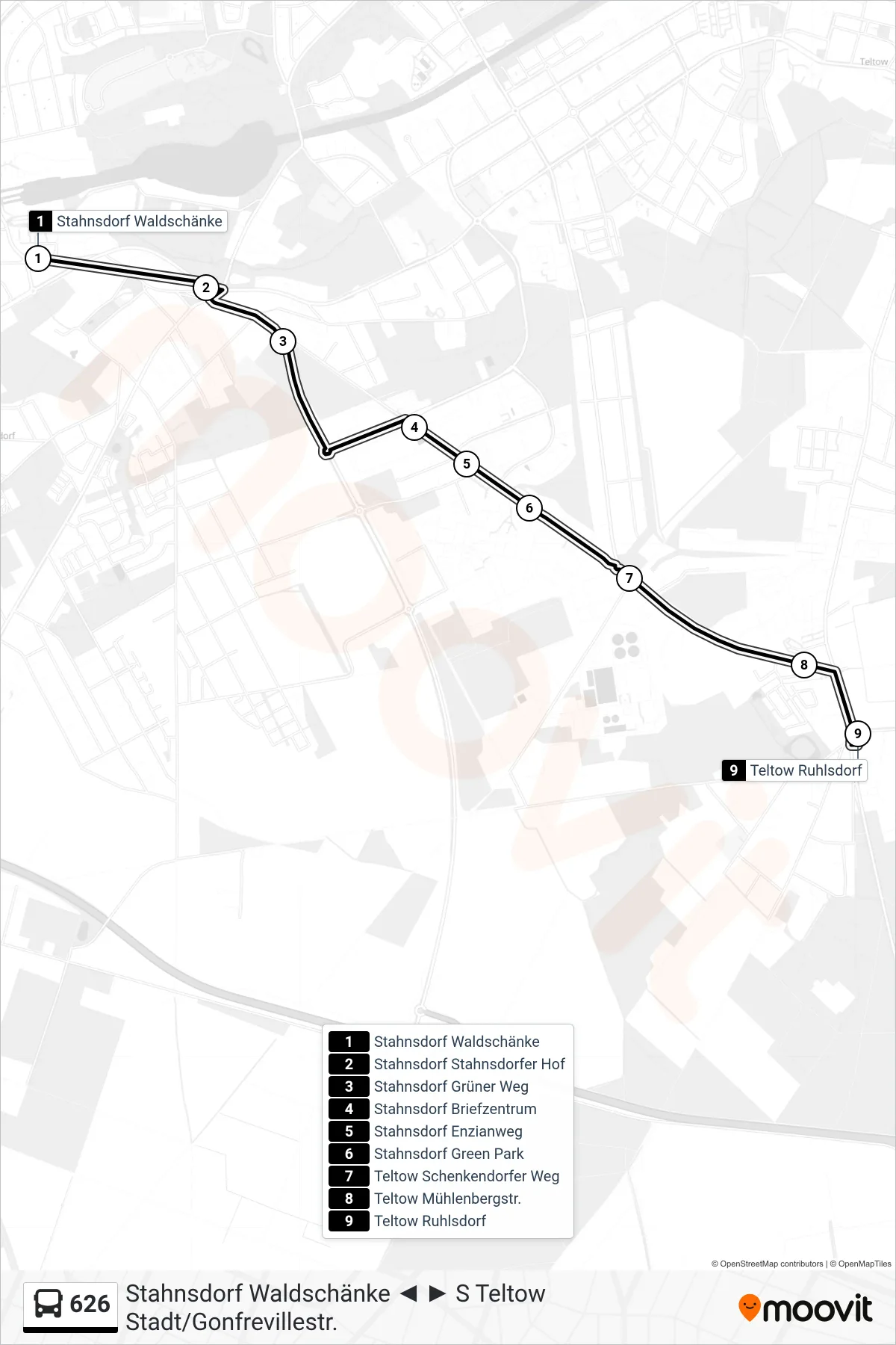 Linie 626 (Bus) Richtung Teltow Ruhlsdorf: Route und Haltestellen auf der Karte