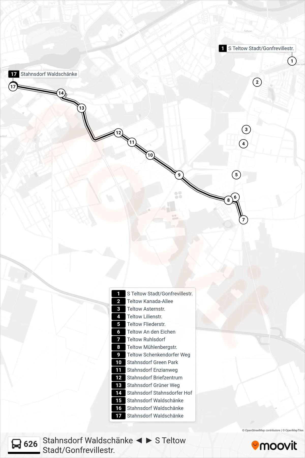 Linie 626 (Bus) Richtung Stahnsdorf Waldschänke: Route und Haltestellen auf der Karte