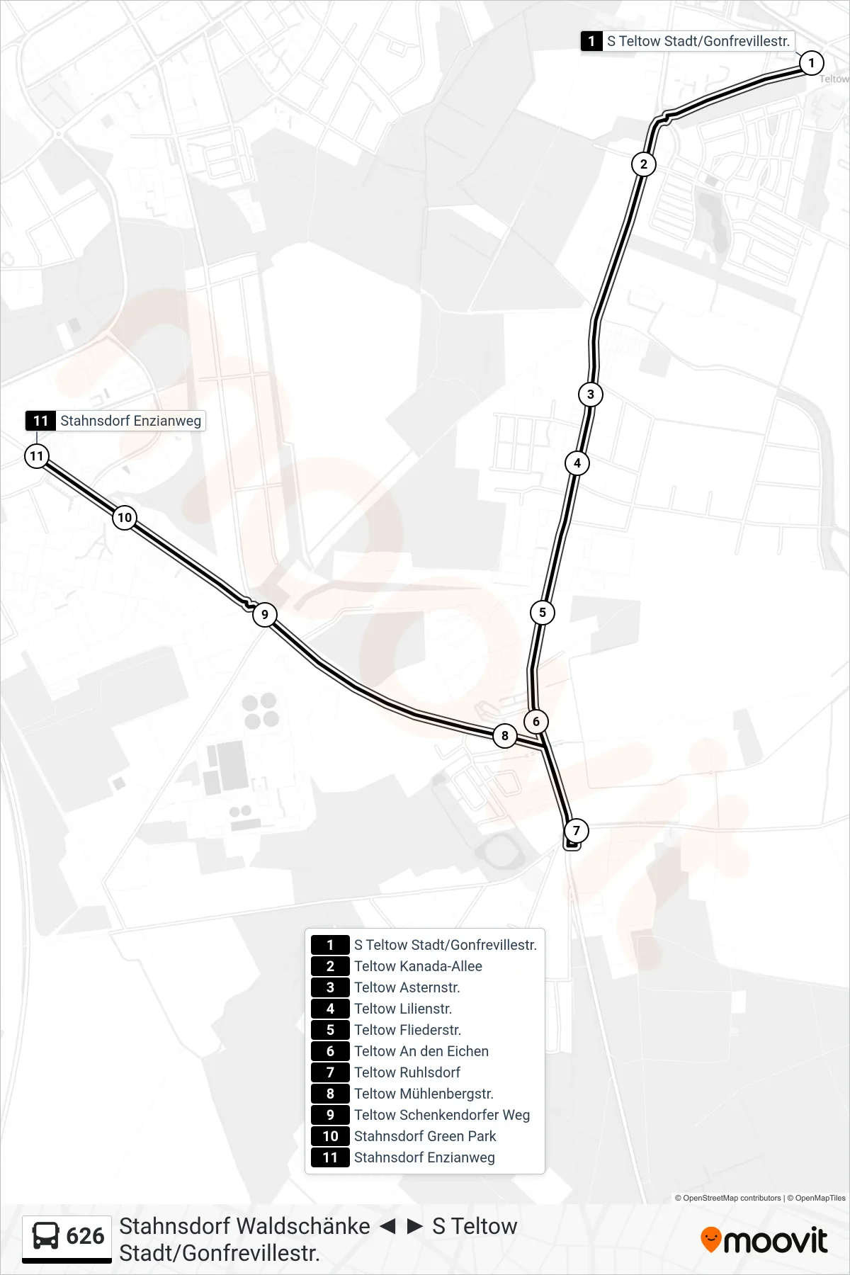 Linie 626 (Bus) Richtung Stahnsdorf Enzianweg: Route und Haltestellen auf der Karte