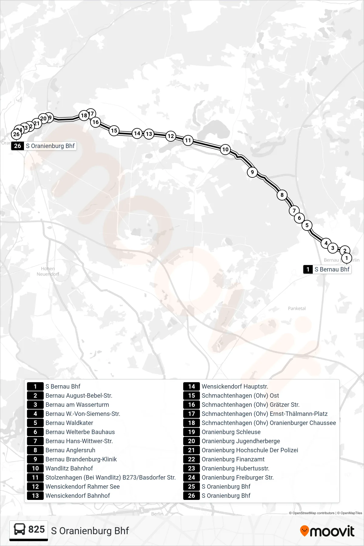 825 bus Line (S Oranienburg Bhf) route and stops on a map