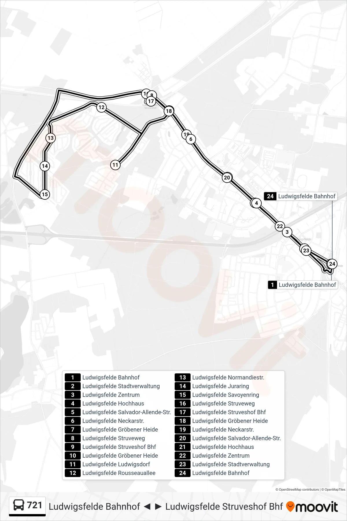 721 bus Line (Ludwigsfelde Bahnhof) route and stops on a map