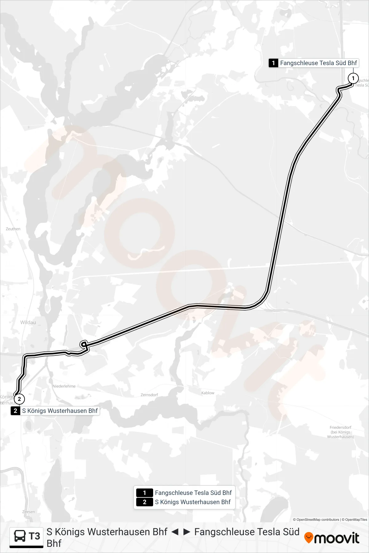 Linie T3 (Bus) Richtung S Königs Wusterhausen Bhf: Route und Haltestellen auf der Karte