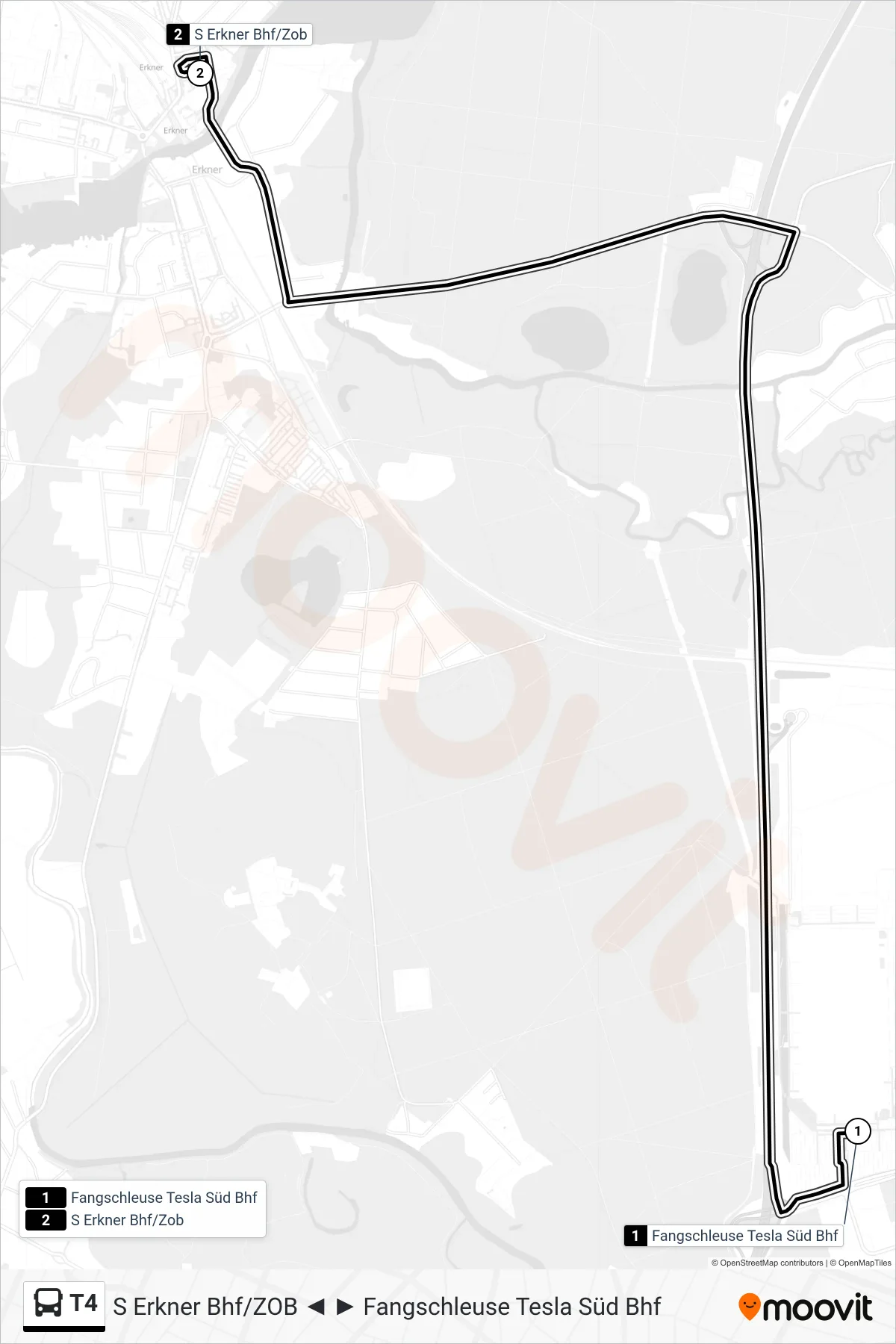 T4 bus Line (S Erkner Bhf/Zob) route and stops on a map