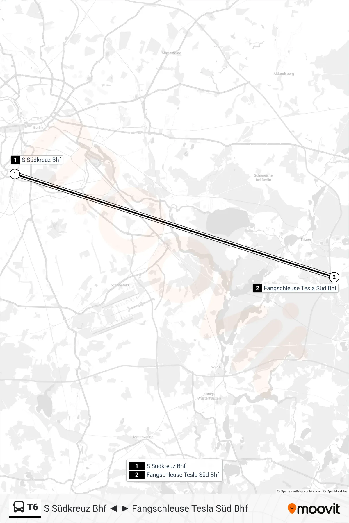 T6 bus Line (Fangschleuse Tesla Süd Bhf) route and stops on a map
