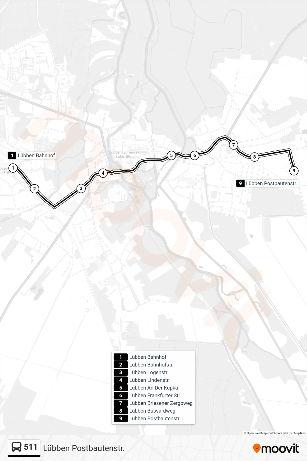 Linie 511 (Bus) Richtung Lübben Postbautenstr.: Route und Haltestellen auf der Karte