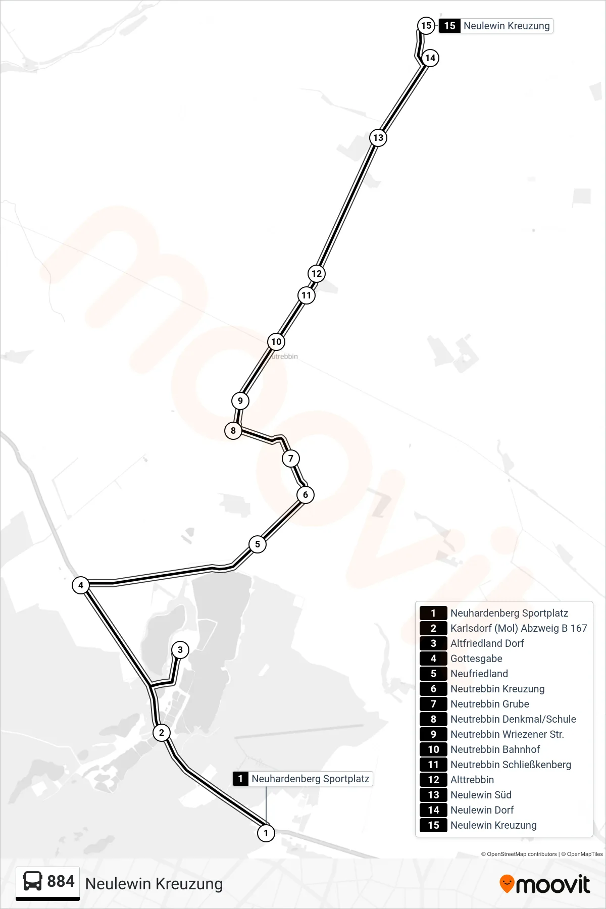 Linie 884 (Bus) Richtung Neulewin Kreuzung: Route und Haltestellen auf der Karte