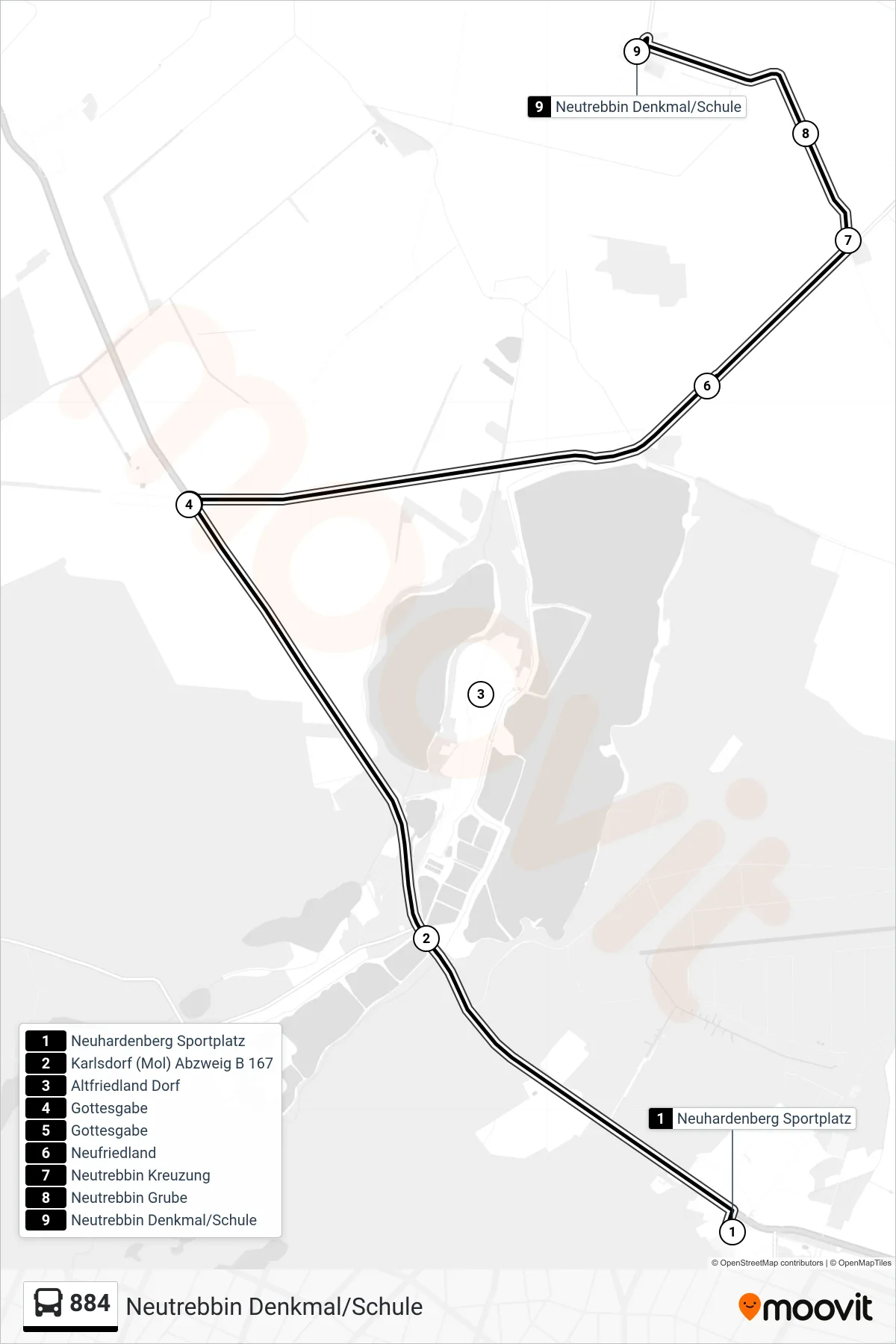 Linie 884 (Bus) Richtung Neutrebbin Denkmal/Schule: Route und Haltestellen auf der Karte