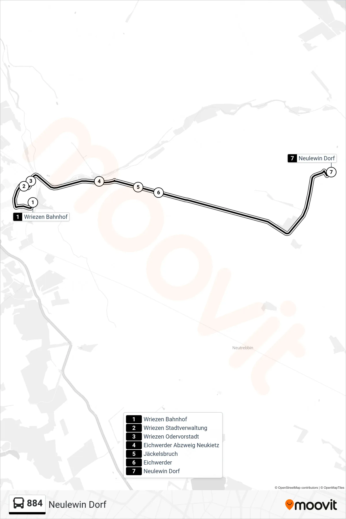884 bus Line (Neulewin Dorf) route and stops on a map