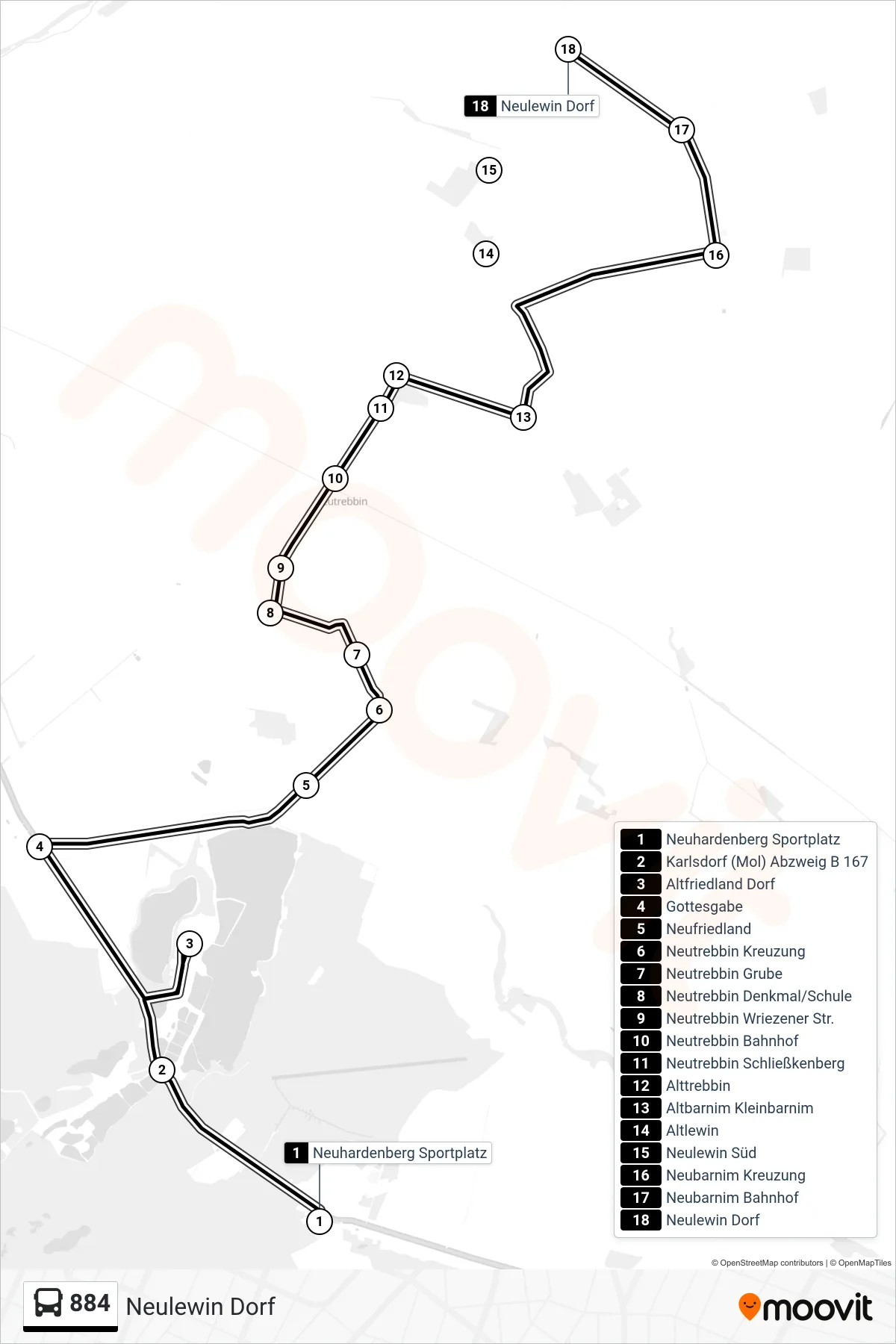 Linie 884 (Bus) Richtung Neulewin Dorf: Route und Haltestellen auf der Karte