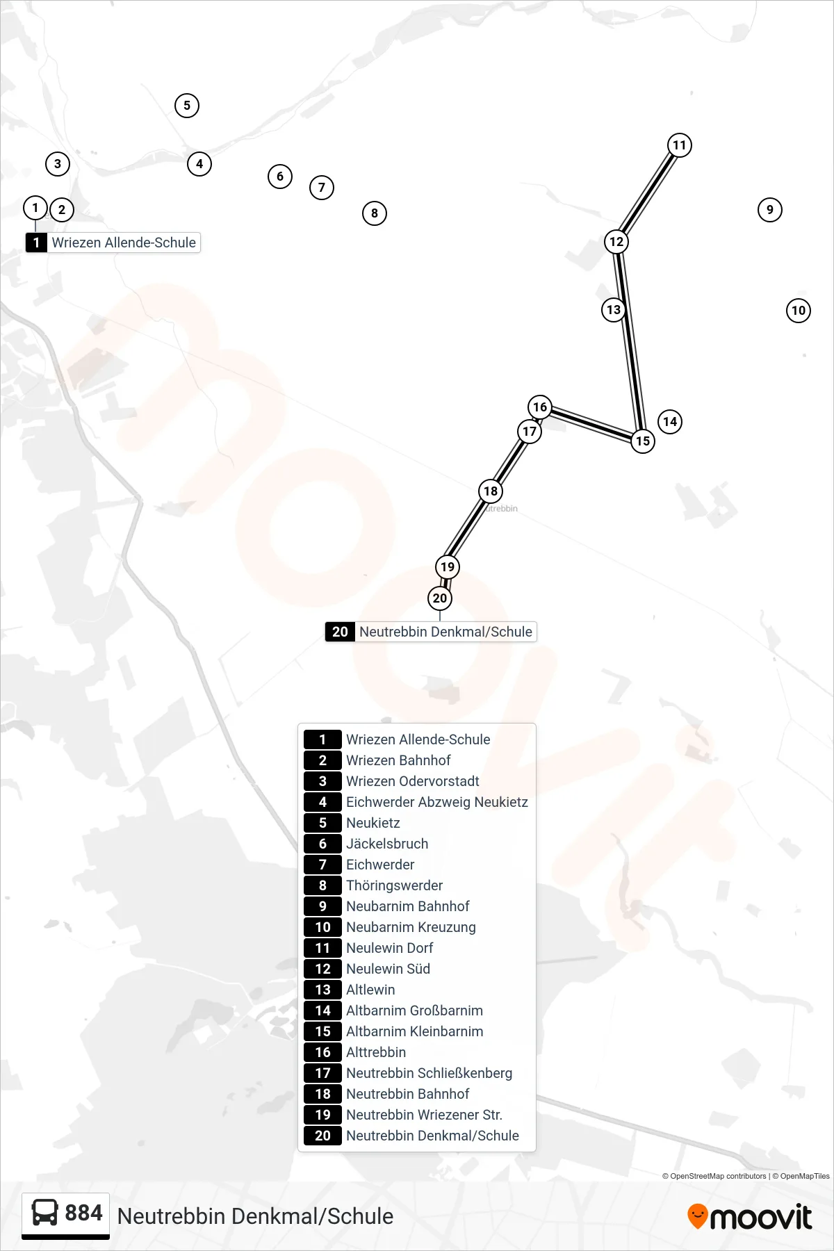 Linie 884 (Bus) Richtung Neutrebbin Denkmal/Schule: Route und Haltestellen auf der Karte