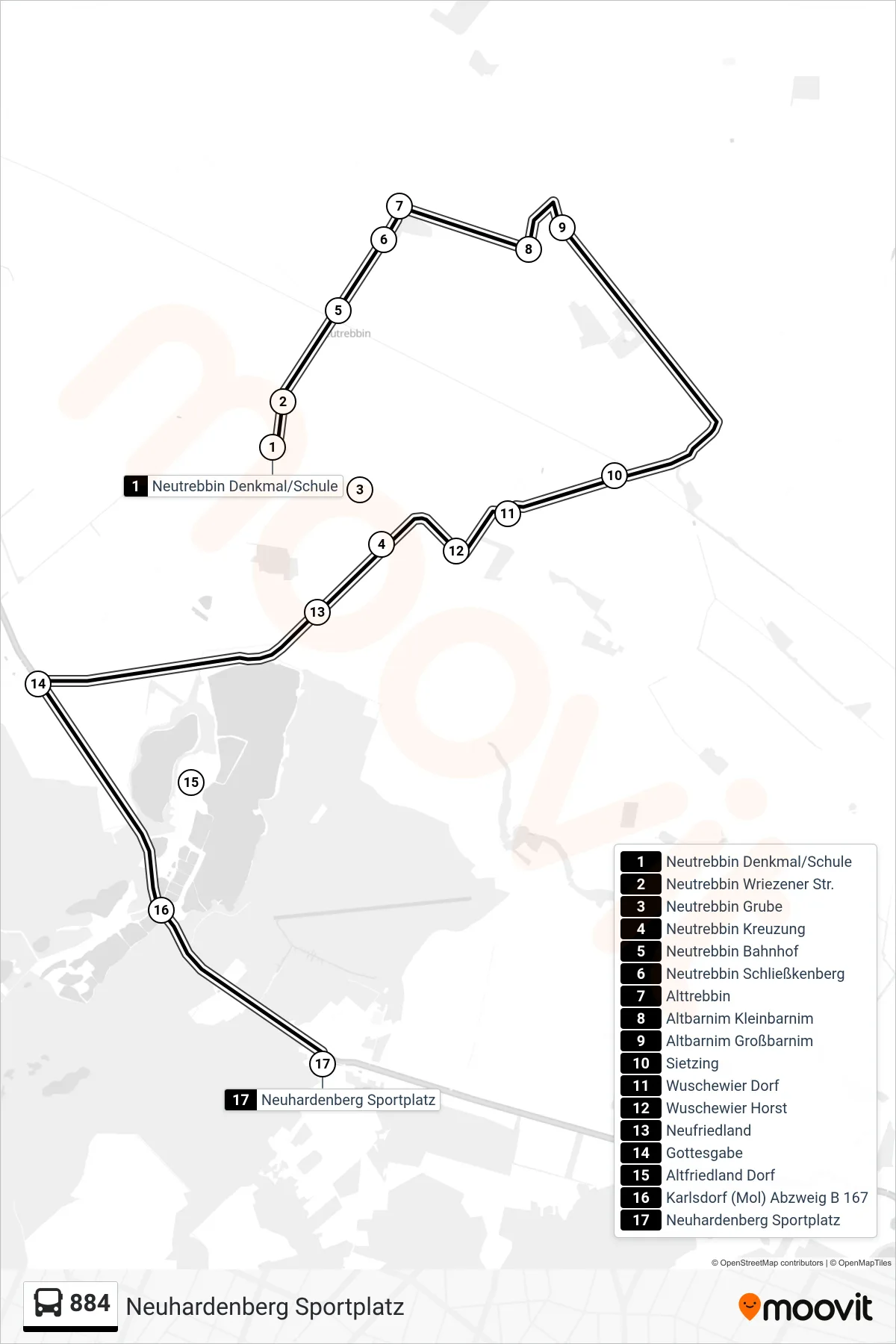 Linie 884 (Bus) Richtung Neuhardenberg Sportplatz: Route und Haltestellen auf der Karte