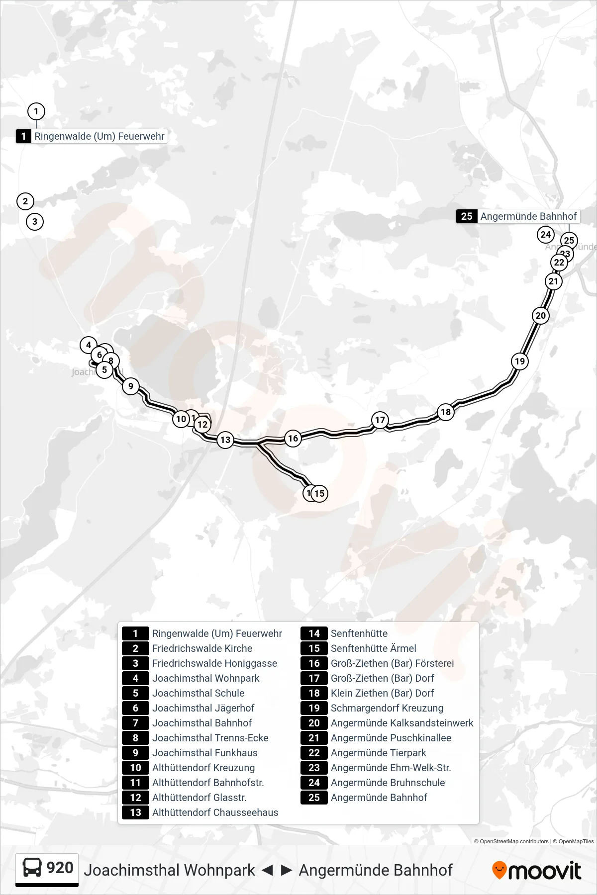 Linie 920 (Bus) Richtung Angermünde Bahnhof: Route und Haltestellen auf der Karte