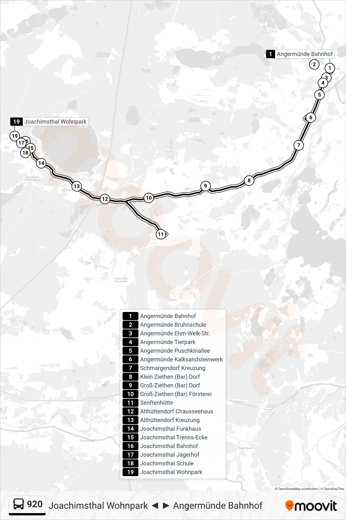Linie 920 (Bus) Richtung Joachimsthal Wohnpark: Route und Haltestellen auf der Karte