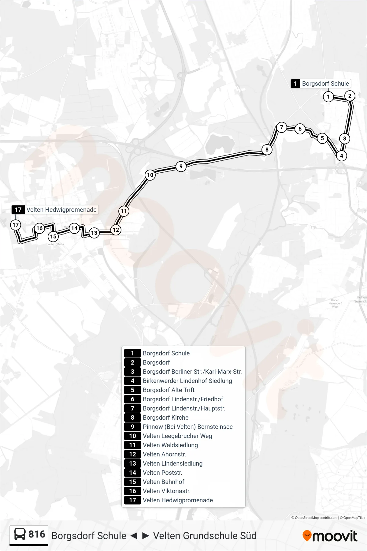 Linie 816 (Bus) Richtung Velten Hedwigpromenade: Route und Haltestellen auf der Karte