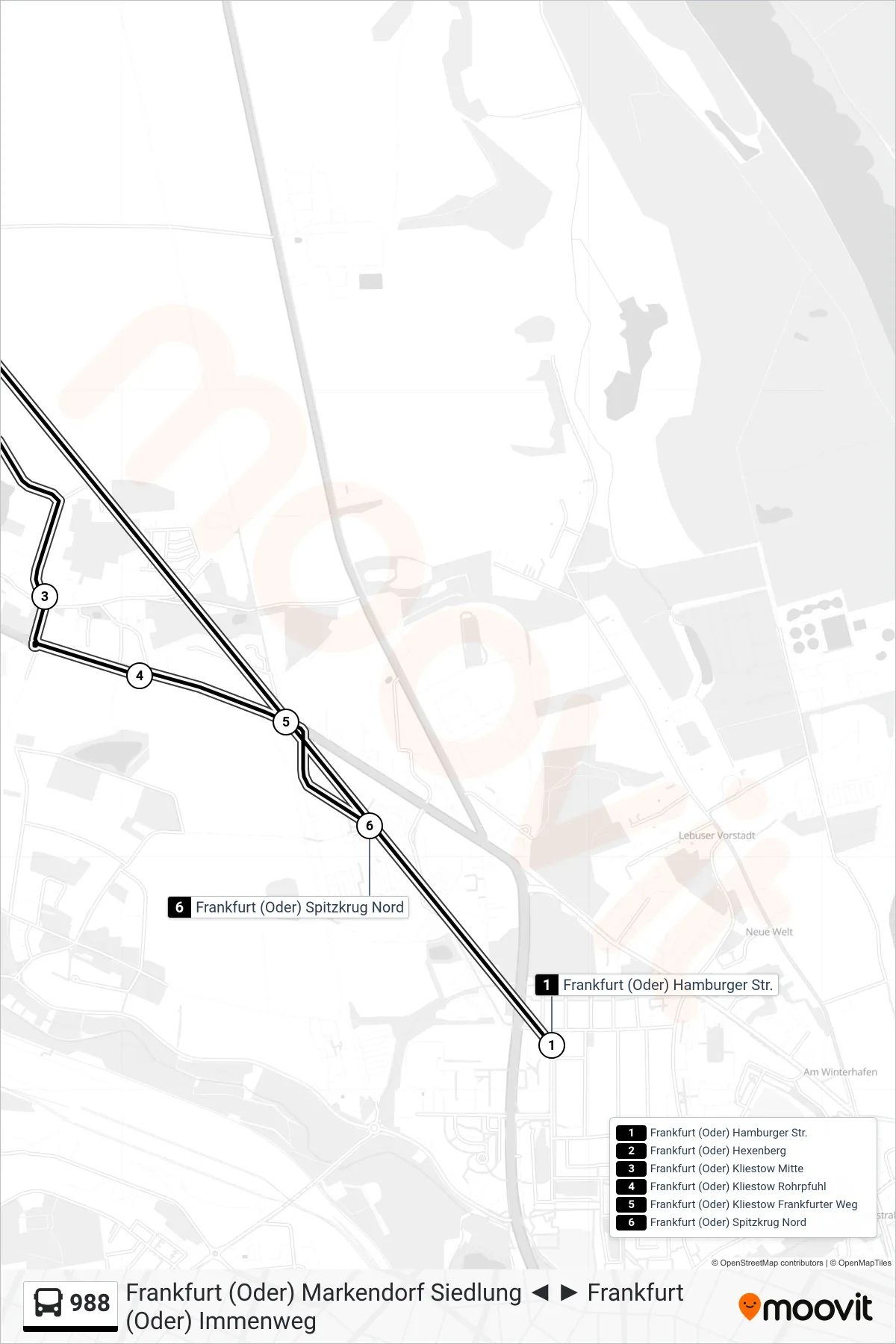 Linie 988 (Bus) Richtung Frankfurt (Oder) Spitzkrug Nord: Route und Haltestellen auf der Karte