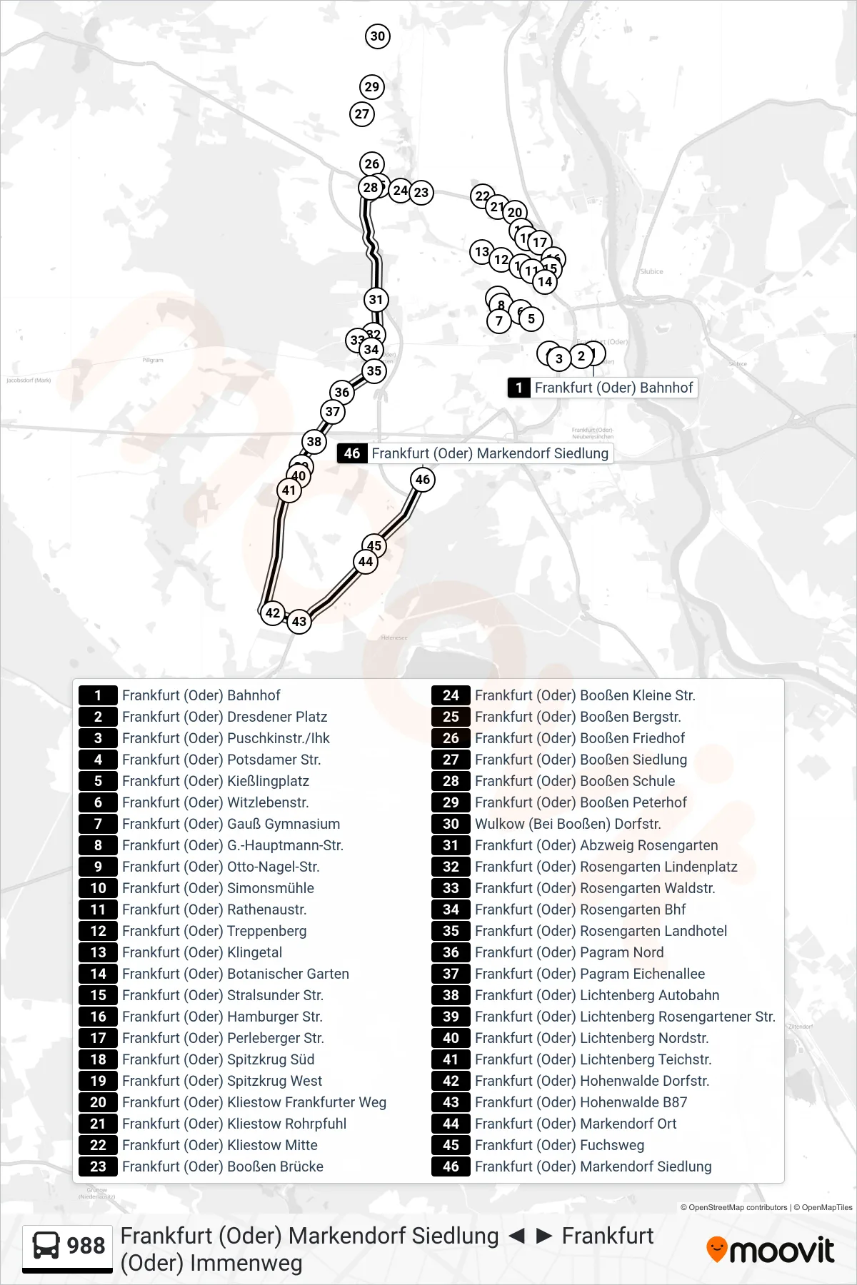 Linie 988 (Bus) Richtung Frankfurt (Oder) Markendorf Siedlung: Route und Haltestellen auf der Karte