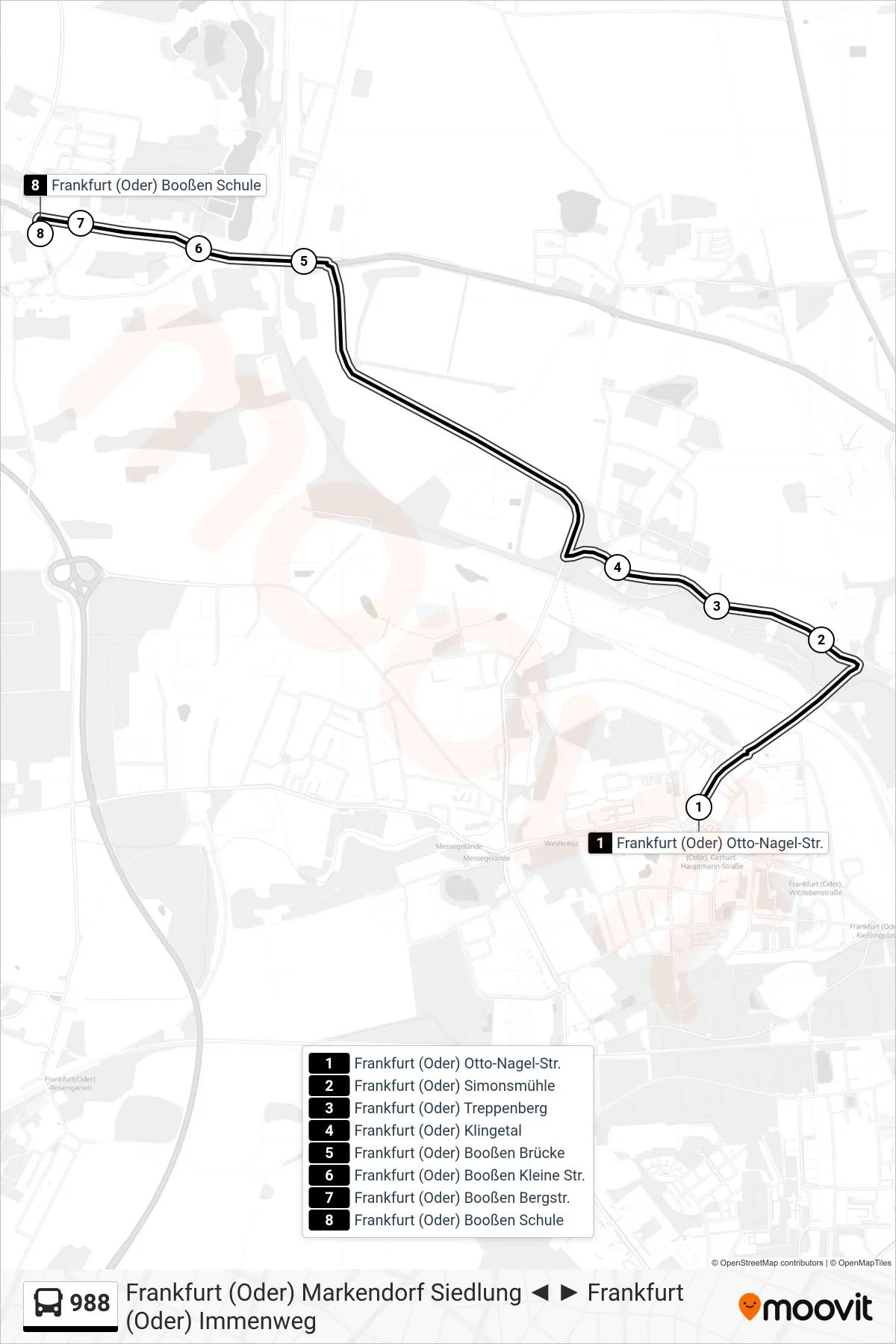 Linie 988 (Bus) Richtung Frankfurt (Oder) Booßen Schule: Route und Haltestellen auf der Karte