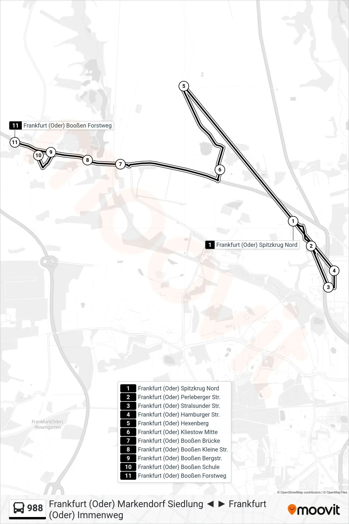 988 bus Line (Frankfurt (Oder) Booßen Forstweg) route and stops on a map