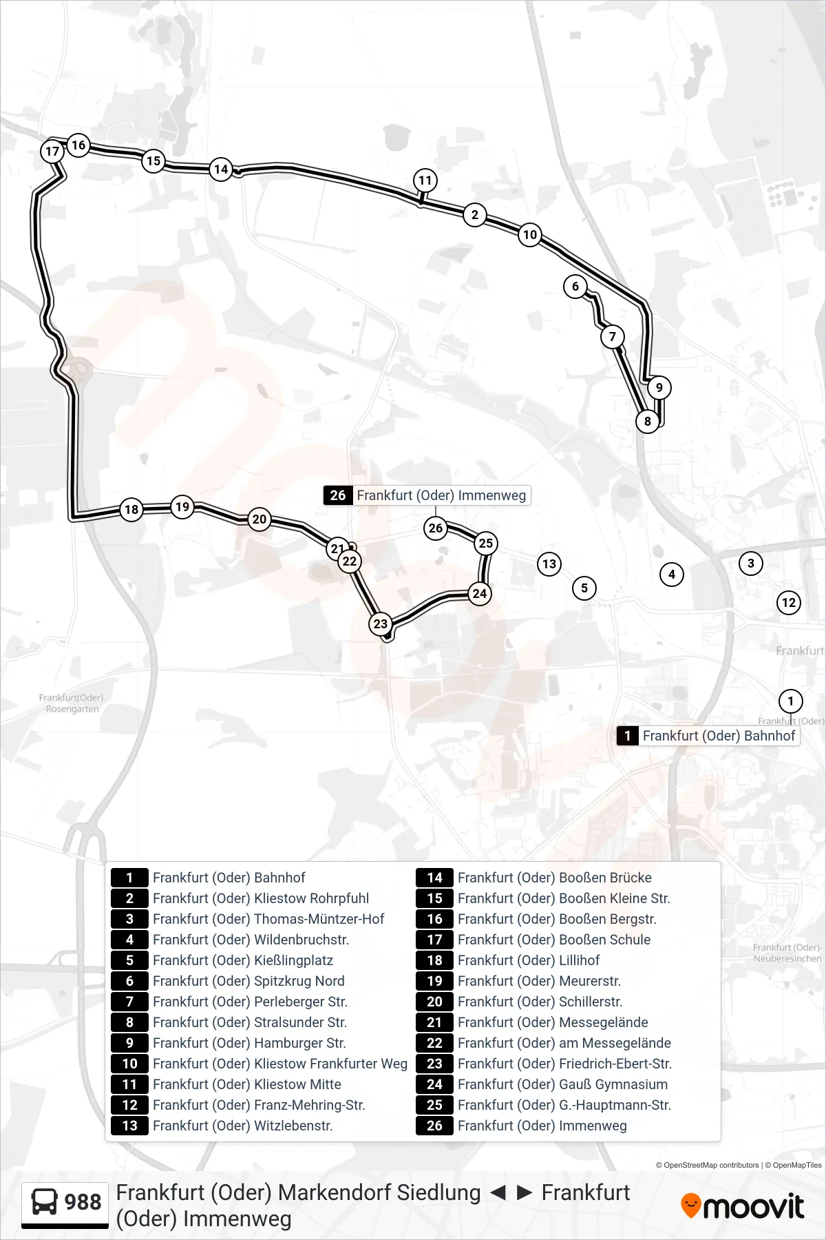 Linie 988 (Bus) Richtung Frankfurt (Oder) Immenweg: Route und Haltestellen auf der Karte