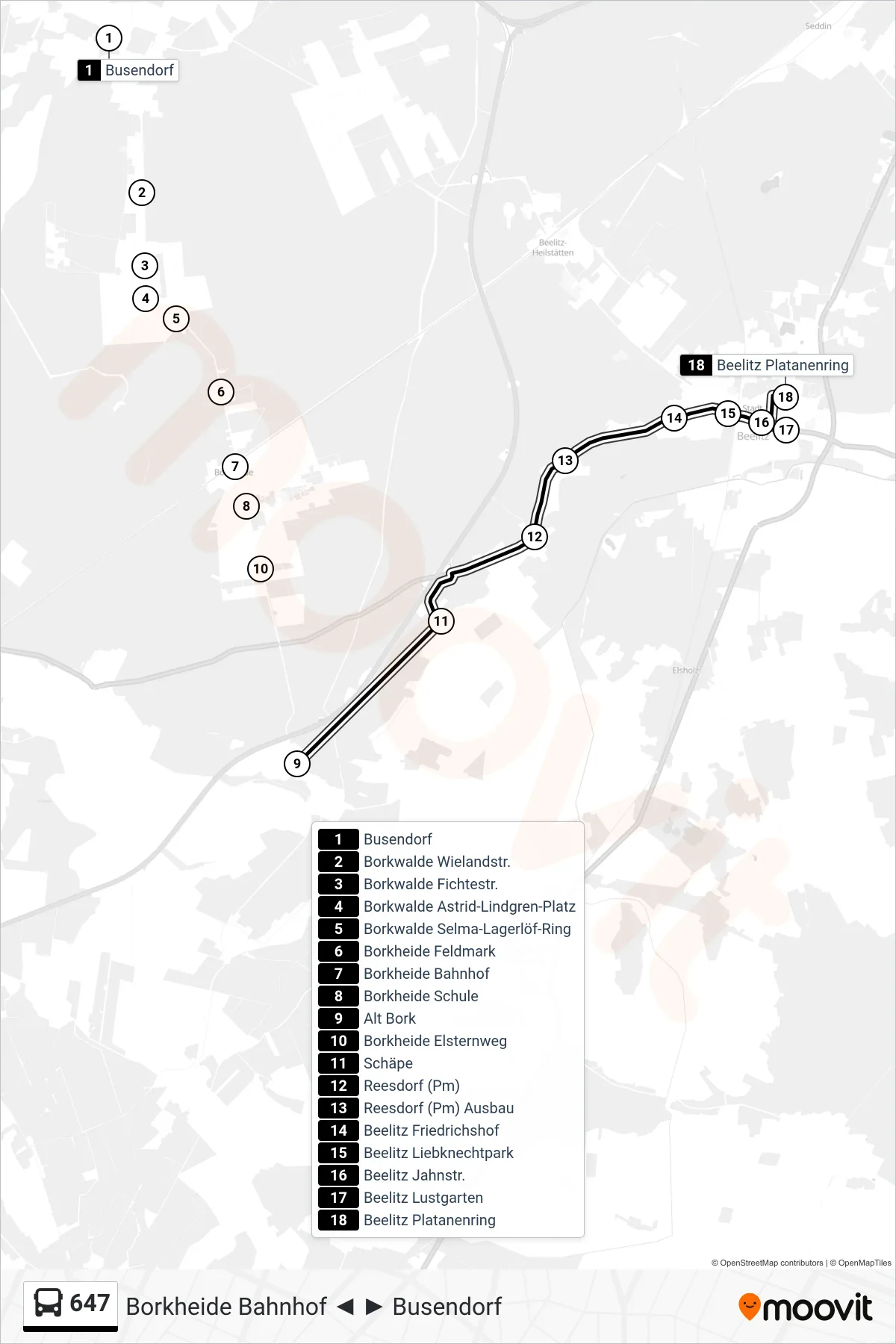 647 bus Line (Beelitz Platanenring) route and stops on a map