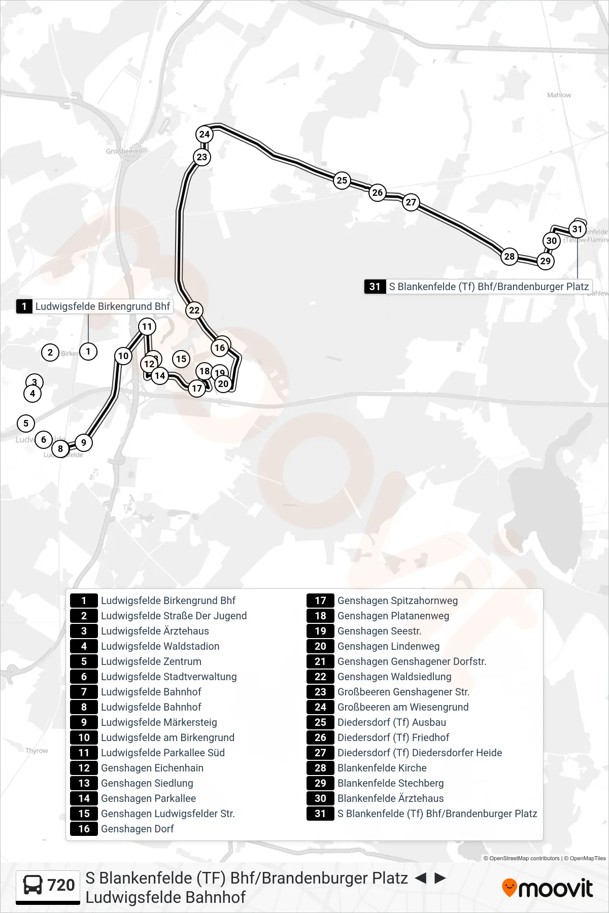 Linie 720 (Bus) Richtung S Blankenfelde (Tf) Bhf/Brandenburger Platz: Route und Haltestellen auf der Karte