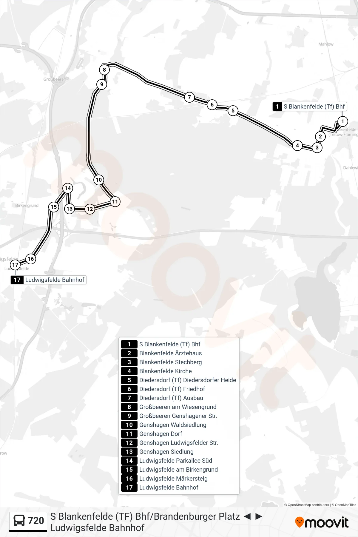 Linie 720 (Bus) Richtung Ludwigsfelde Bahnhof: Route und Haltestellen auf der Karte