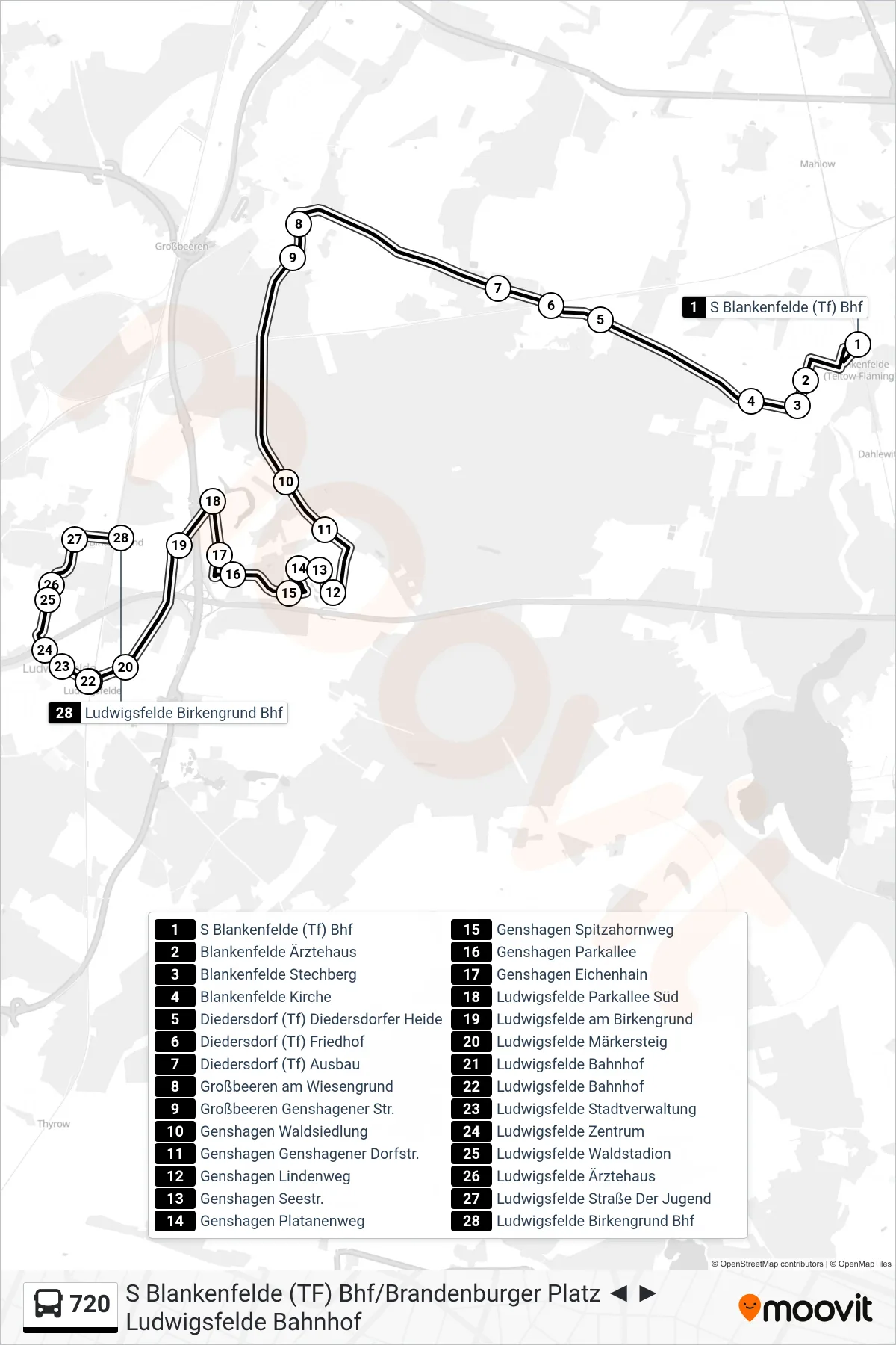 Linie 720 (Bus) Richtung Ludwigsfelde Birkengrund Bhf: Route und Haltestellen auf der Karte