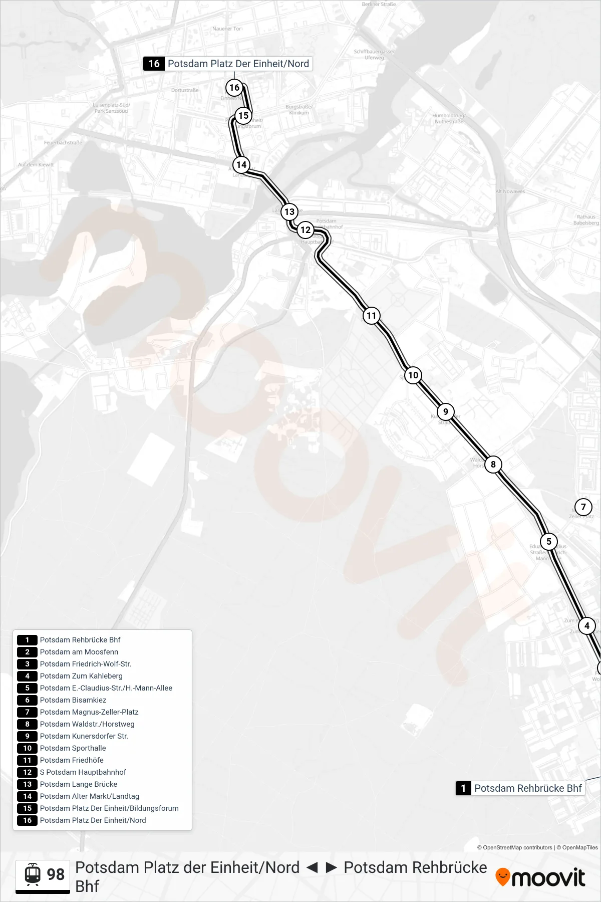 Linie 98 (Tram) Richtung Potsdam Platz Der Einheit/Nord: Route und Haltestellen auf der Karte
