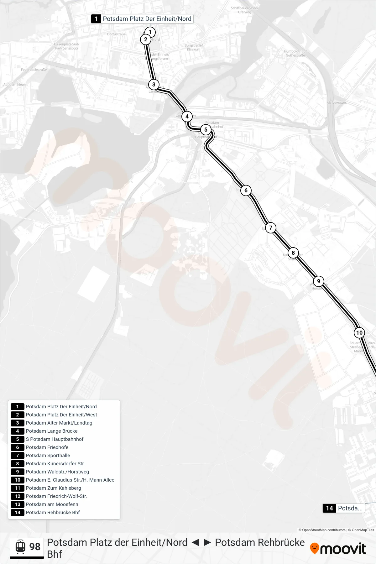 Linie 98 (Straßenbahn) Richtung Potsdam Rehbrücke Bhf: Route und Haltestellen auf der Karte