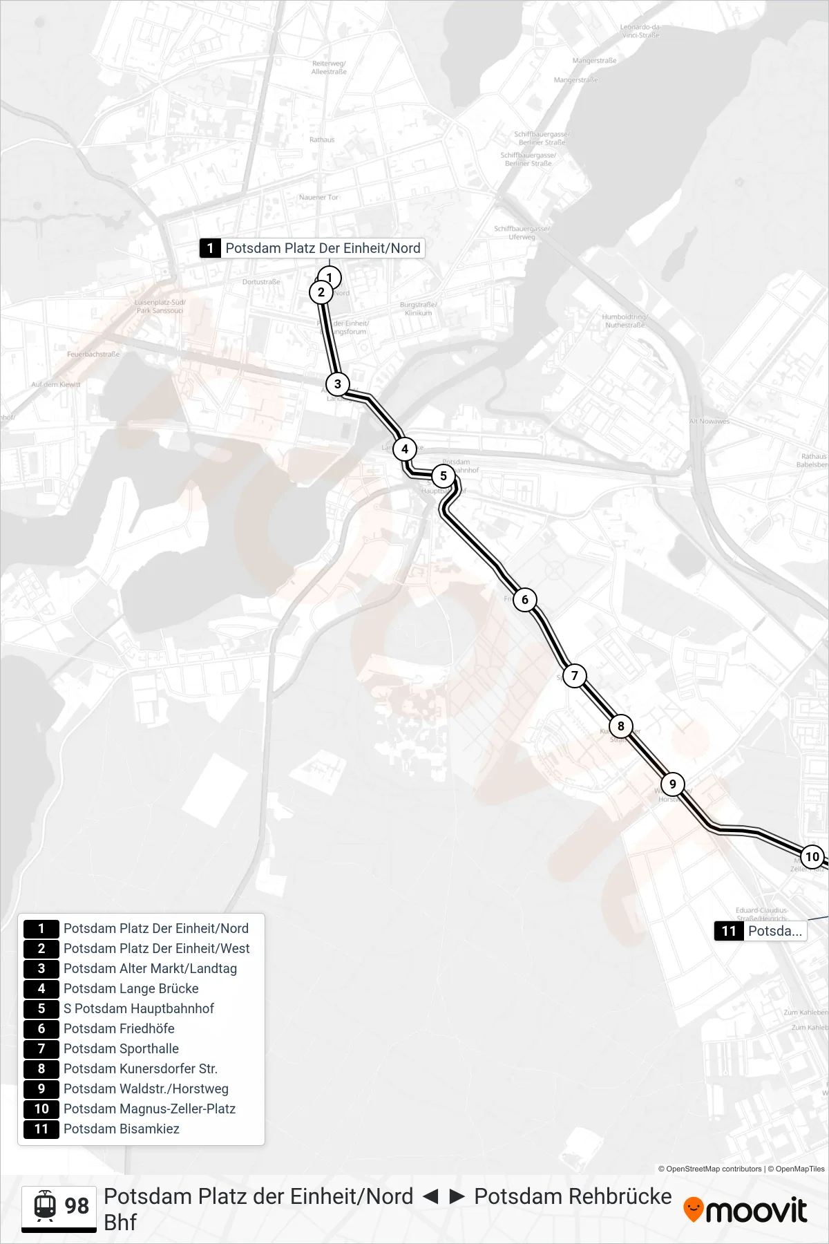 Linie 98 (Straßenbahn) Richtung Potsdam Bisamkiez: Route und Haltestellen auf der Karte
