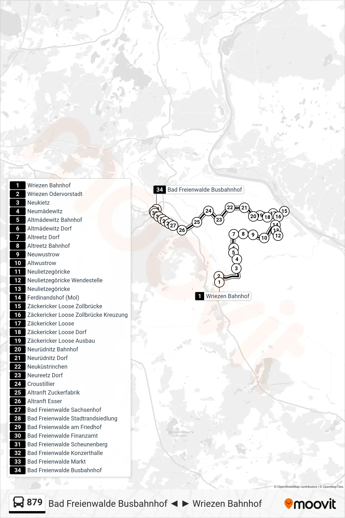 Linie 879 (Bus) Richtung Bad Freienwalde Busbahnhof: Route und Haltestellen auf der Karte