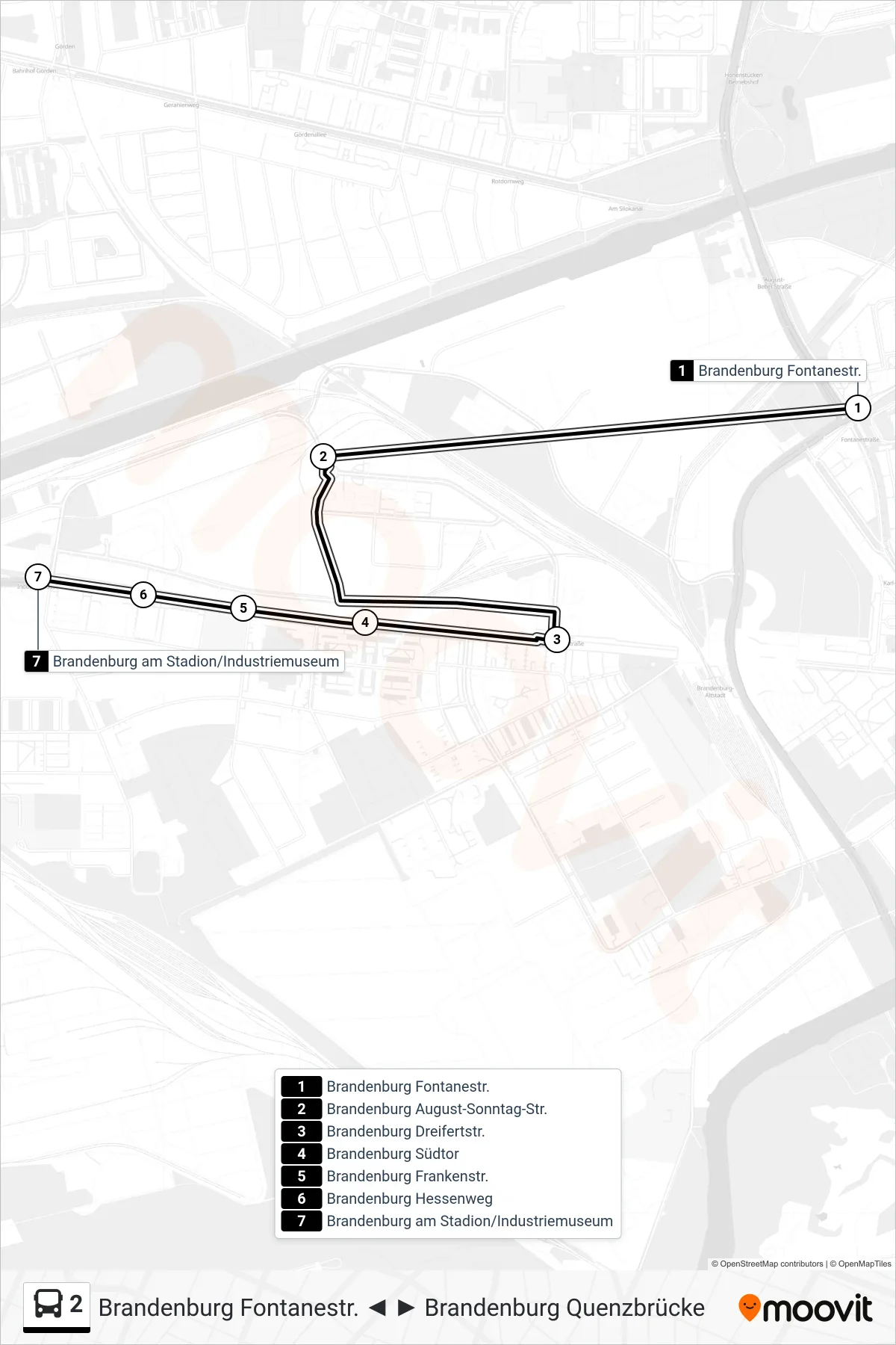 Linie 2 (Bus) Richtung Brandenburg am Stadion/Industriemuseum: Route und Haltestellen auf der Karte