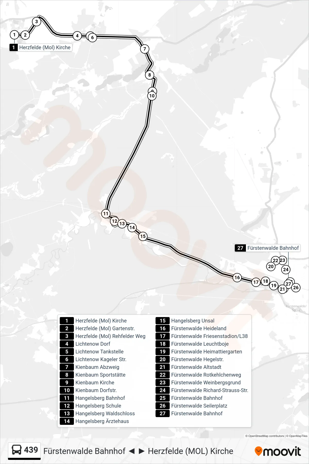 Linie 439 (Bus) Richtung Fürstenwalde Bahnhof: Route und Haltestellen auf der Karte